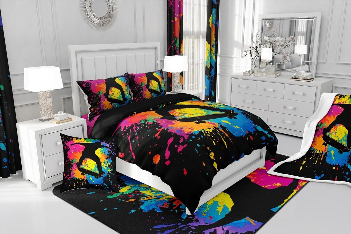 Skateboard Comforter Cover Boys Teens Hip Hop Style Bedding Set Colorful Rainbow Tie-Dye Decor Hippie Duvet Cover Abstract Graffiti Art Decor Bedding Collection for Kids Youth Girls Room Decor, Twin