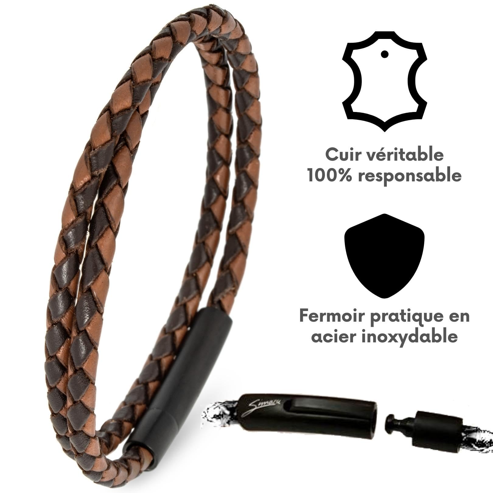 Simaru bracelet en cuir, 4mm tressé à enrouler pour femmes & hommes,enrouler en cuir véritable avec fermeture à crochet en acier inoxydable, Made in Germany