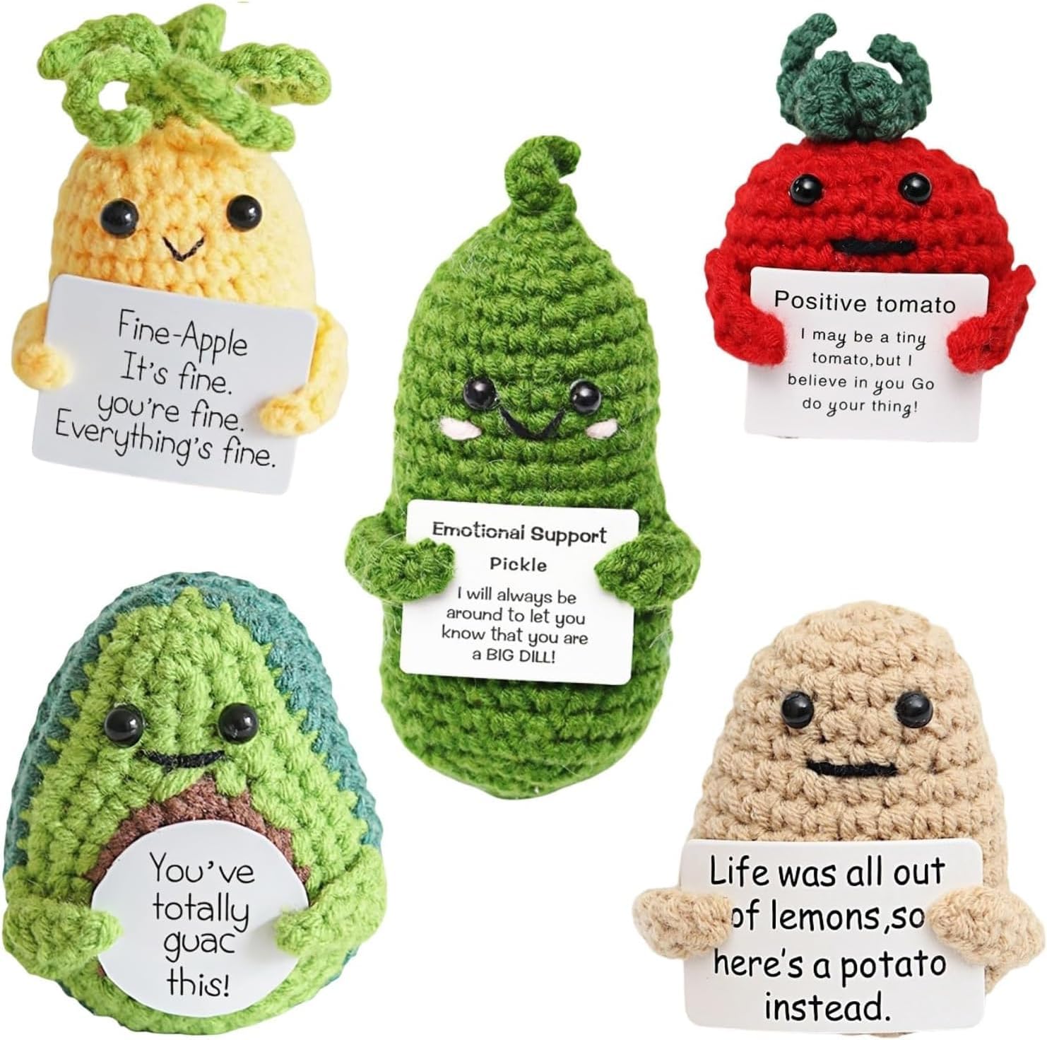 XUKEKOY Handmade Knitted Fruit Dolls Set of 5 - Adorable Pineapple, Cucumber, Tomato, Avocado, Potato with Positive Cards