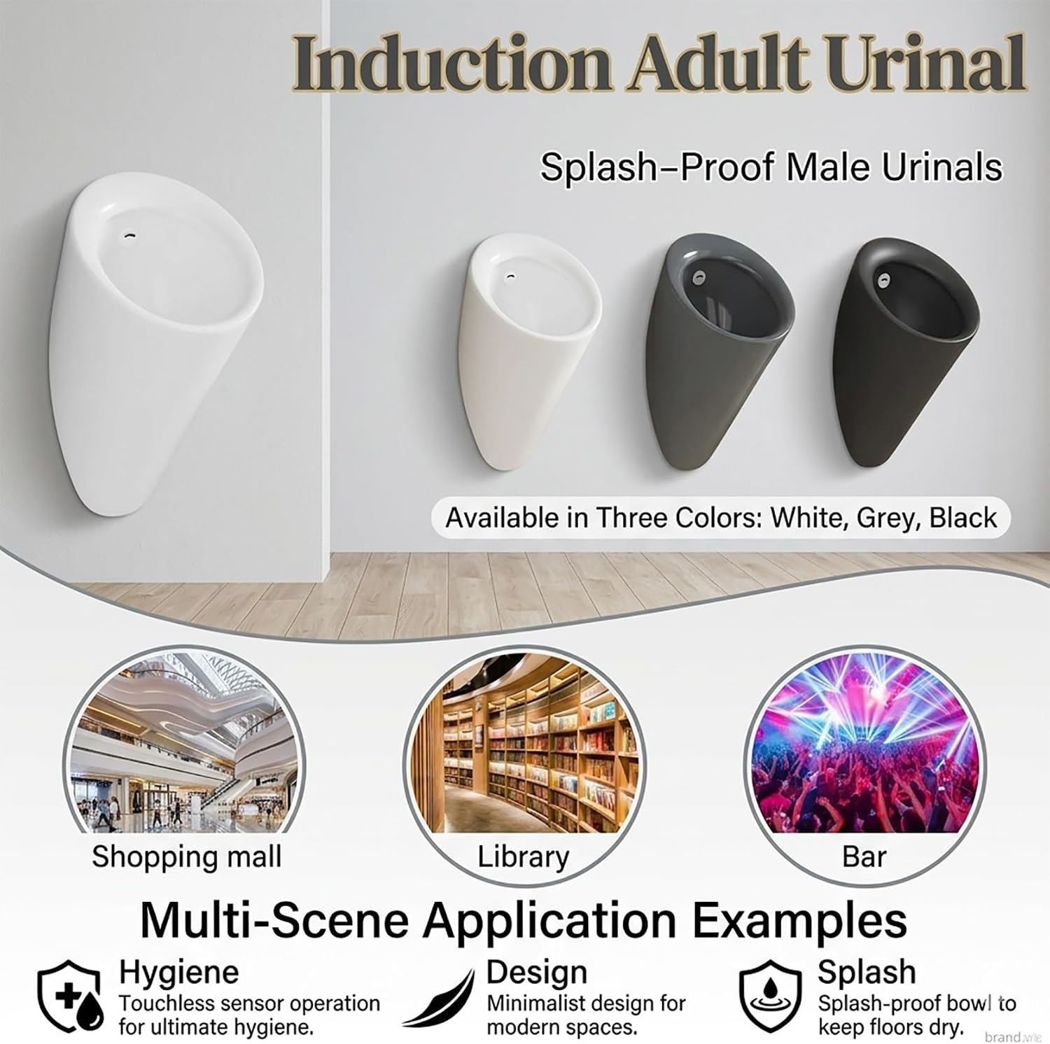 Ceramic Wall Mounted Urinal for Men, Smart Sensor Auto Flush Men's Urinal with Splash-Proof Design, Robust Porcelain Toilet for Home and Commercial Restroom, Modern White Finish(Black)