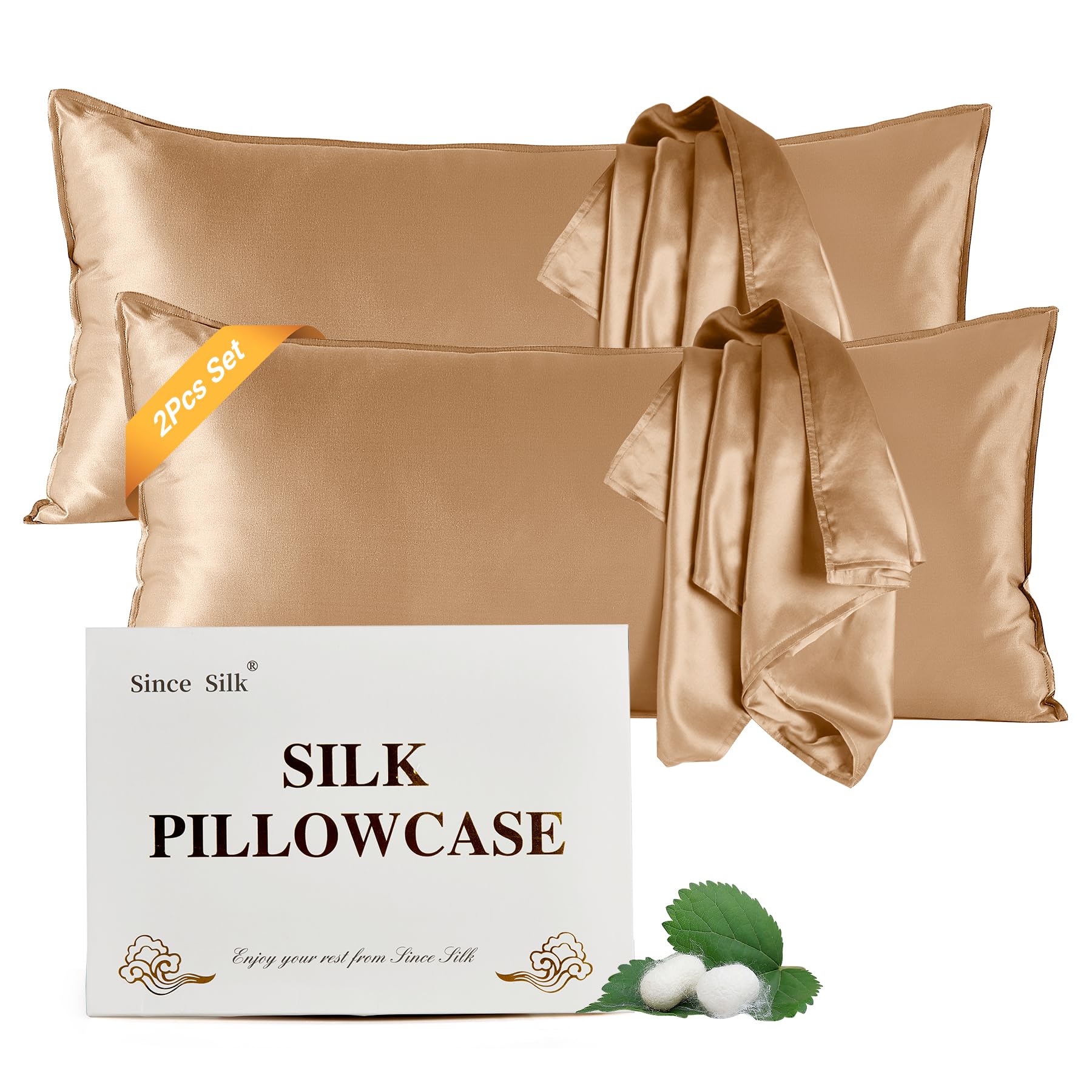 Fundas de Almohada de Seda 100% Morera Natural 22 Momme, Suaves y Cuidado de la Cabello Funda de Almohada de Seda 2 Piezas Champán (40 * 80cm)