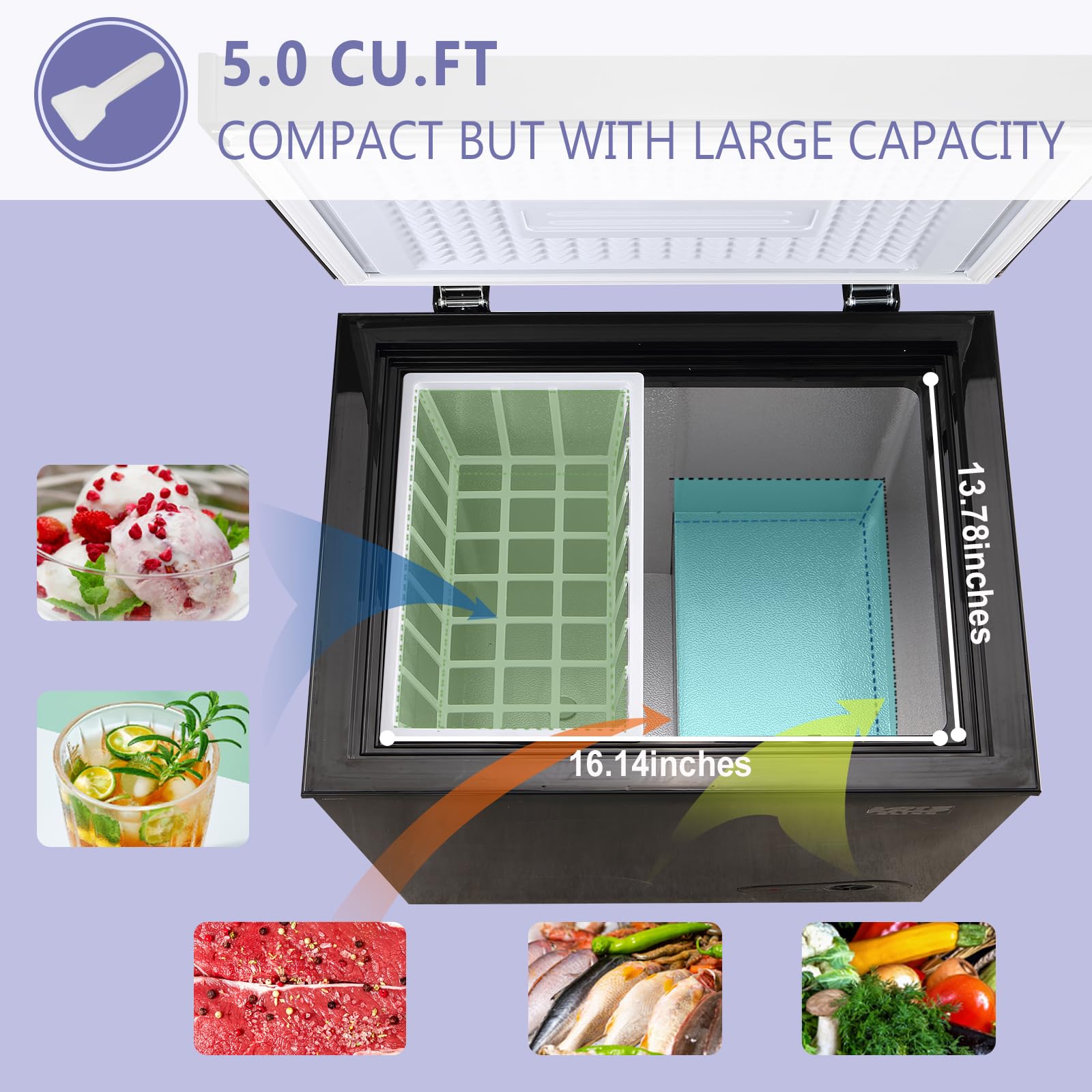 Krib Bling Chest Freezer With Freezer Basket, 5.0 Cu. Ft Mini Freezer 7 Temperature Levels Thermostat, Top Door Open, Ideal For Home, Kitchen & Office, Black on Fridge.com - View 6