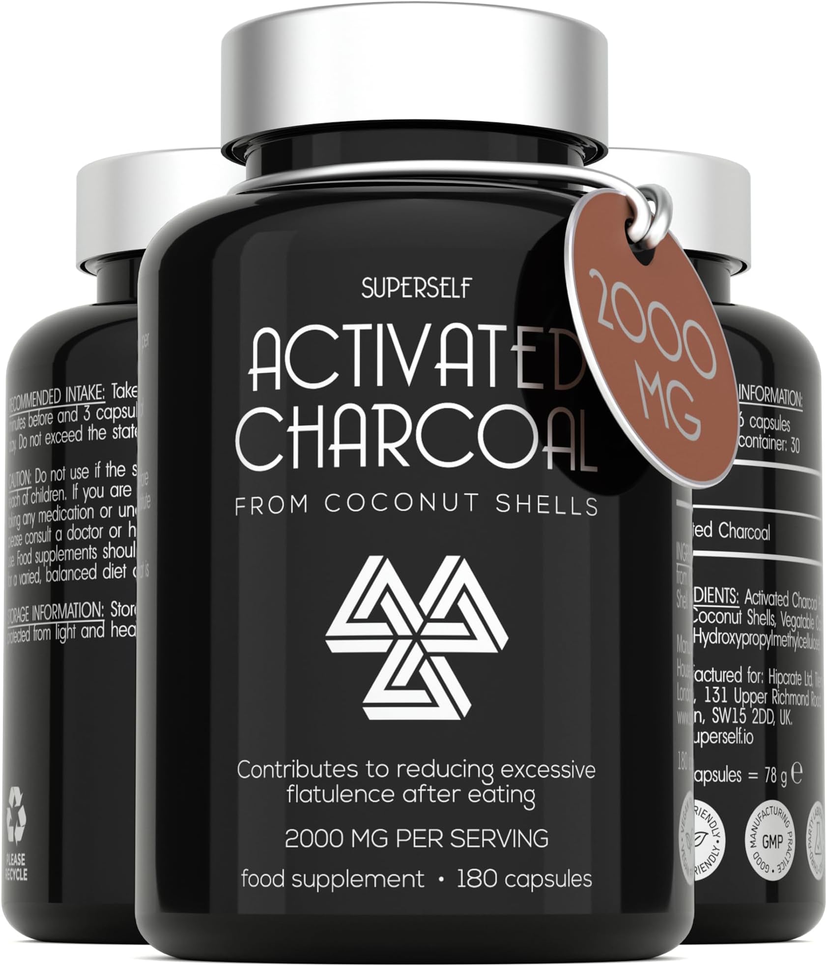 Activated Charcoal Tablets 2000mg - Activated Charcoal Capsules for Flatulence - 180 Capsules - 100% Pure Charcoal from Coconut Shells - 6 Caps Dose - Active Carbon Stomach Supplement for Adults