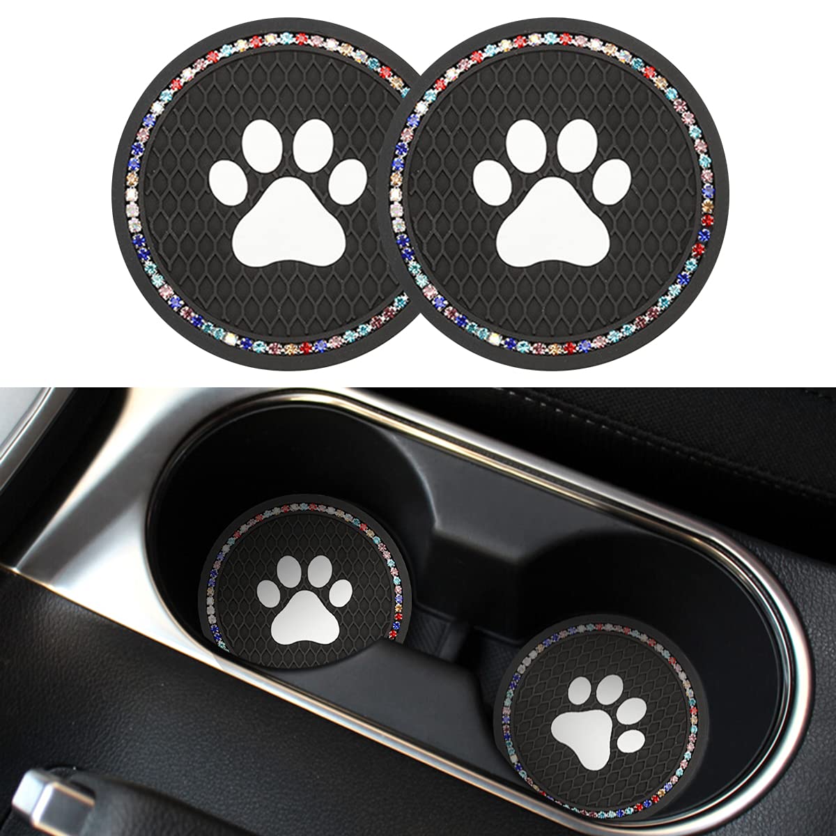 2PCS Universal Bling Car Cup Coaster, Rhinestone Car Accessories, 2.75 inch Dog Paw Car Cup Holder Insert Mat Pad Set,Suitable for Most Car Interior (Black/Multicolor)