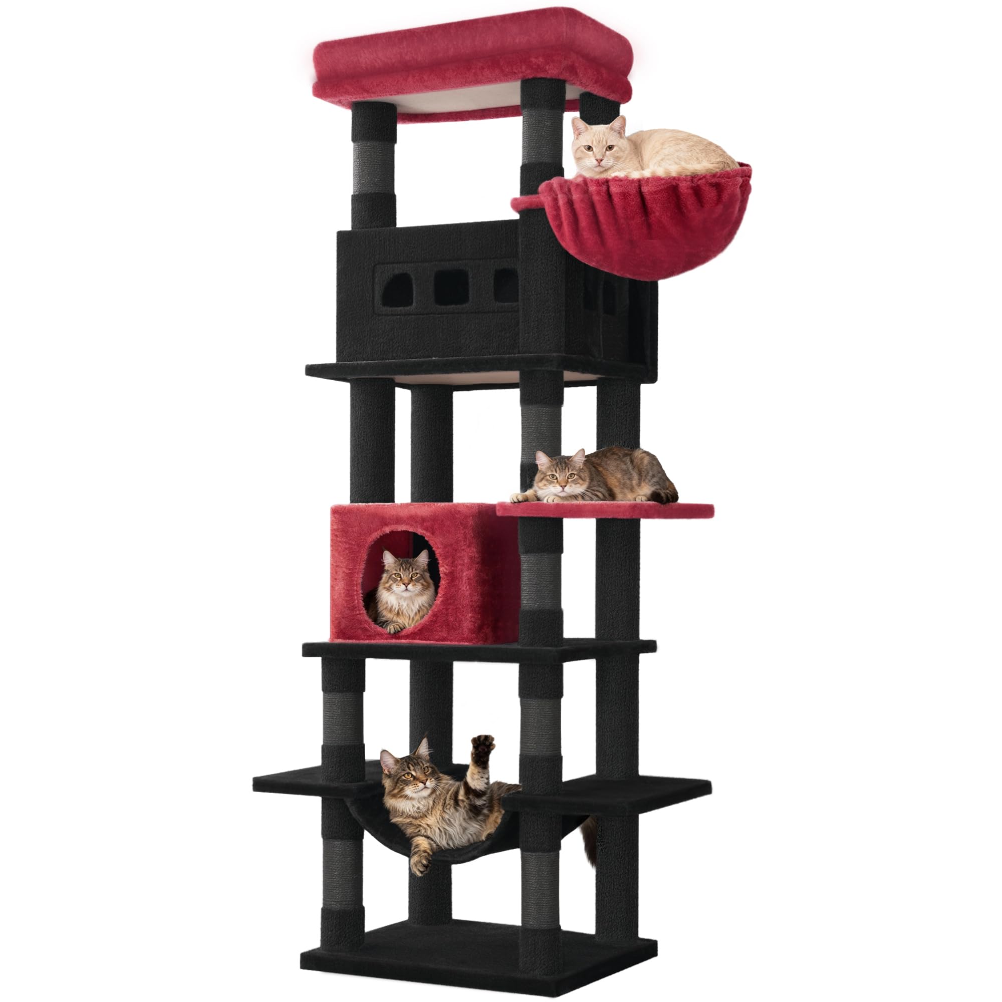 Hzuaneri Cat Tree for Indoor Cats, 170 cm Large Tall Cat Tower, Multi-Level Cats House with Condo, 8 Scratching Posts, Hammock, 4 Pom Poms, Black Red MS17018BK