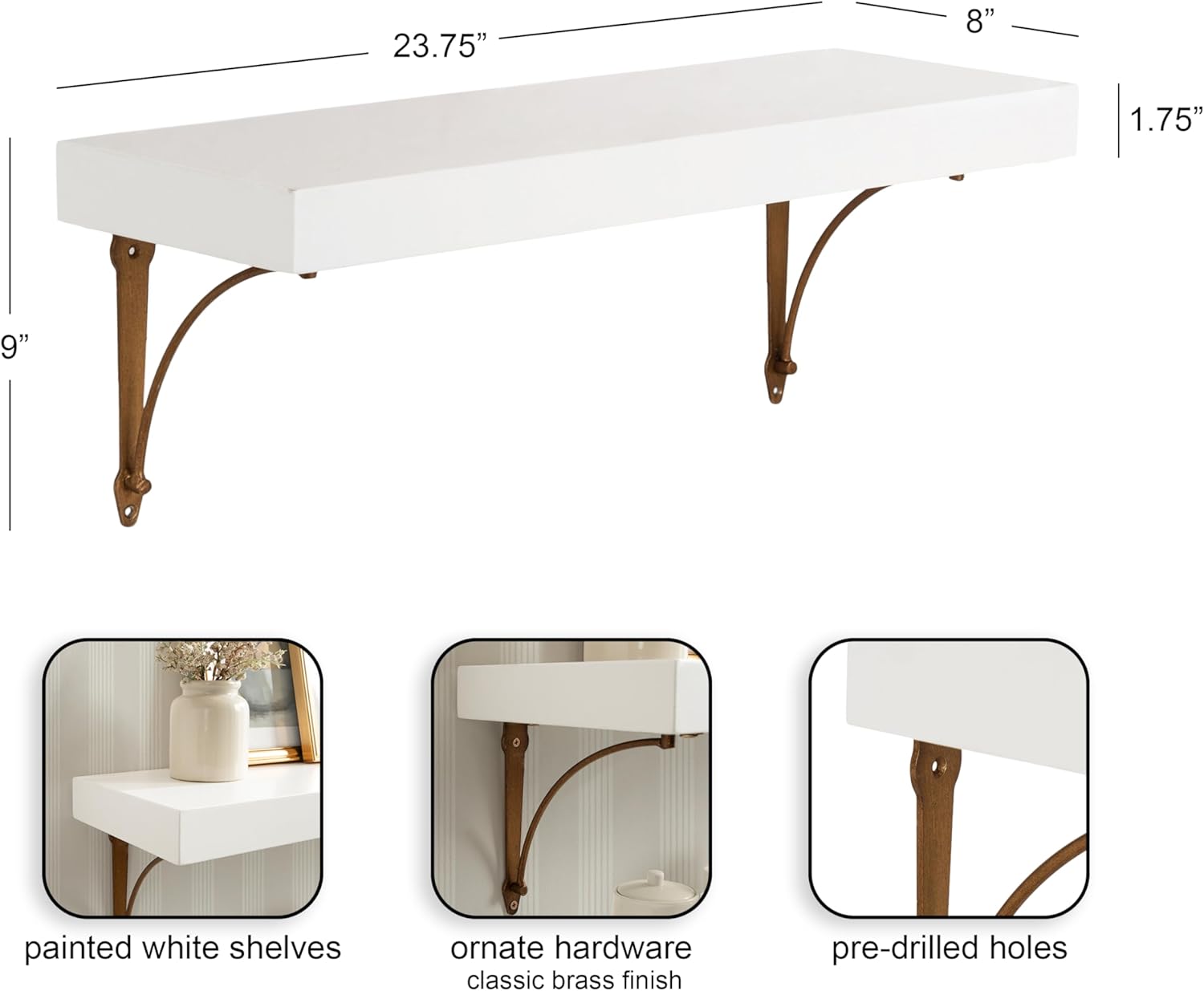 Kate and Laurel Hatley Vintage Glam Ornate Shelves, Set of 2, 24 x 8, White and Antique Brass, Functional Nursery Book Shelves or Bathroom Shelf Decor for Over Toilet Storage and Display