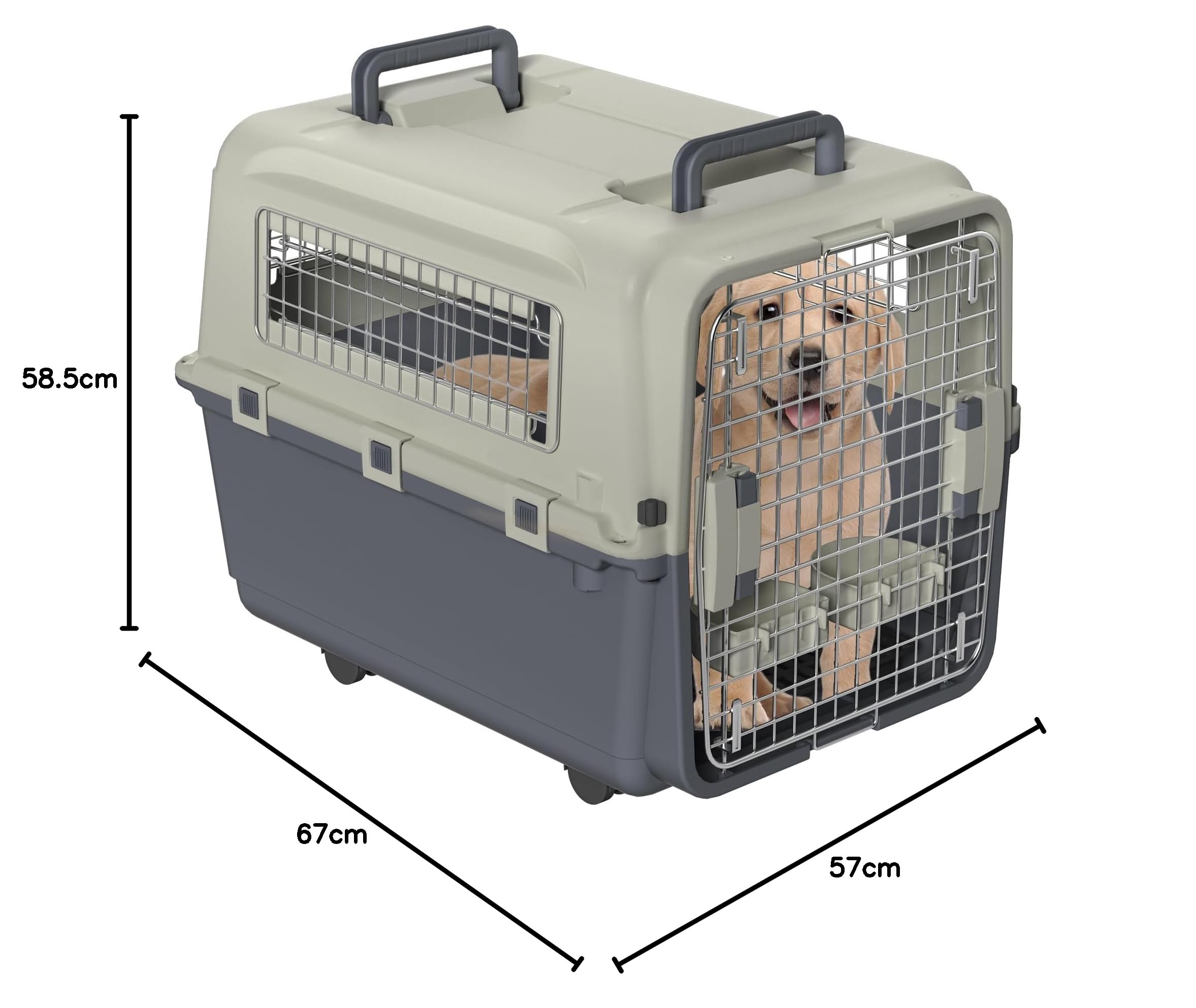 FIVMEN Cage de transport pour chien 67 x 51 x 58,5 cm avec roulettes et fenêtres en fer, portes, caisse de transport pour animaux, avion, voiture, voyage et transport