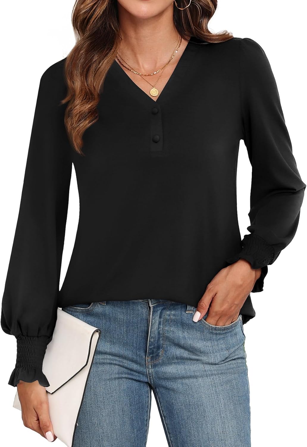 WEACZZY Womens Tops Long Sleeve Fall Shirts for Women Dressy Casual Button V Neck Tunic Blouse Ruffle Cuffs T-Shirts 2025 - Image 2