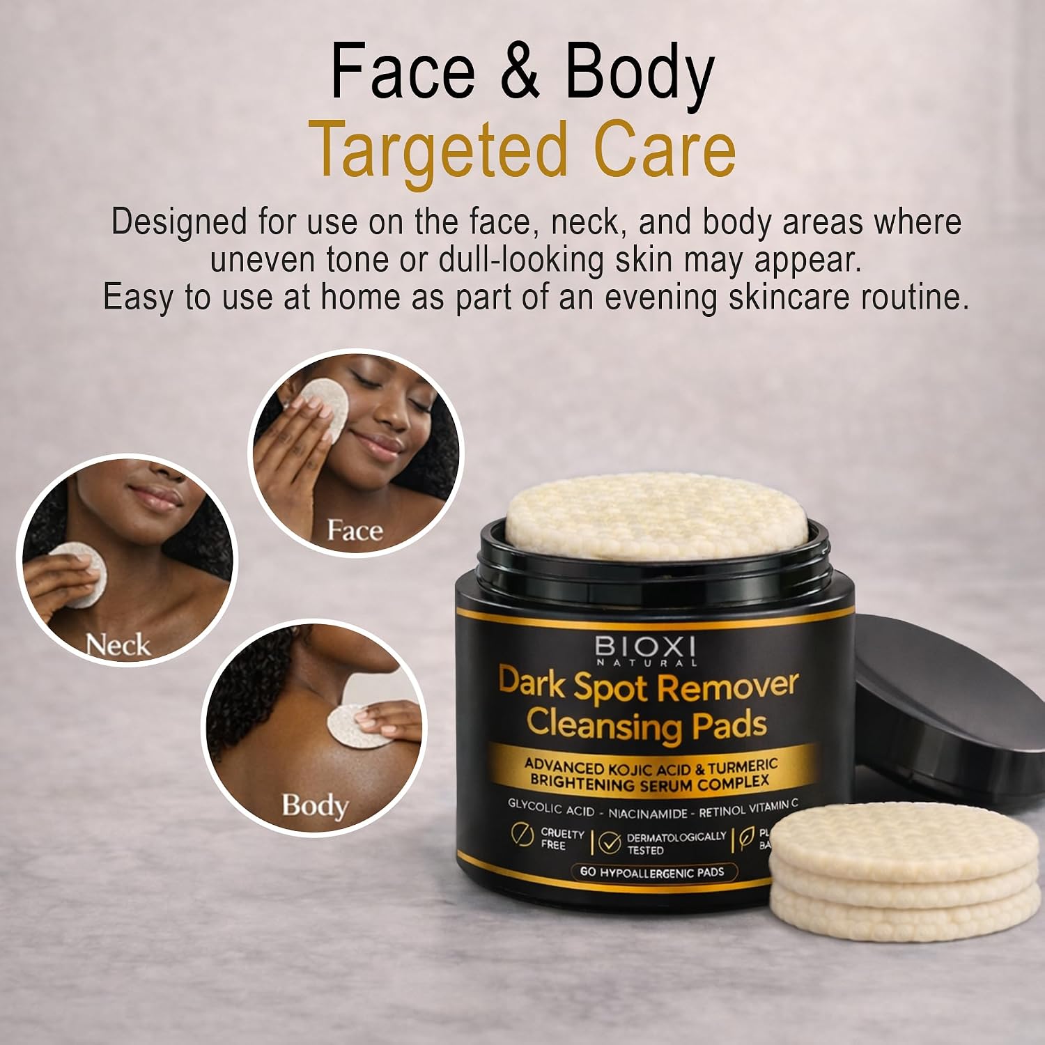 Dark Spot Remover Cleansing Pads with Kojic Acid & Turmeric - Advanced Korean Brightening Serum Complex with Glycolic Acid, Niacinamide, Retinol & Vitamin C for Face & Body - 120 Hypoallergenic Pads