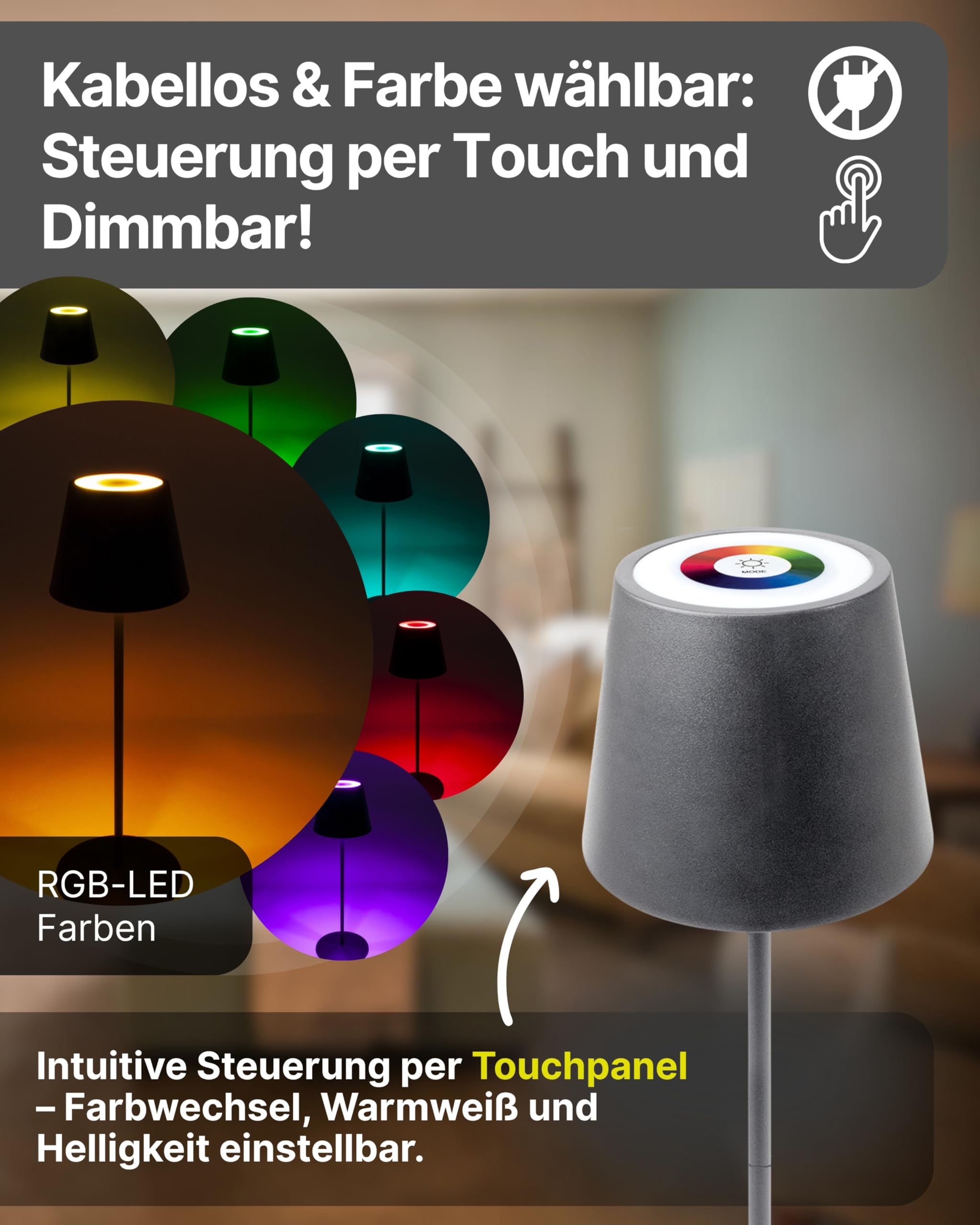 SCHWAIGER Tischleuchte I LED Tischlampe mit Touch-Steuerung I Akku-Lampe mit RGB und warmweiß I IP44 geschützt und aufladbar per USB-C I kabellose Lampe für Indoor & Outdoor