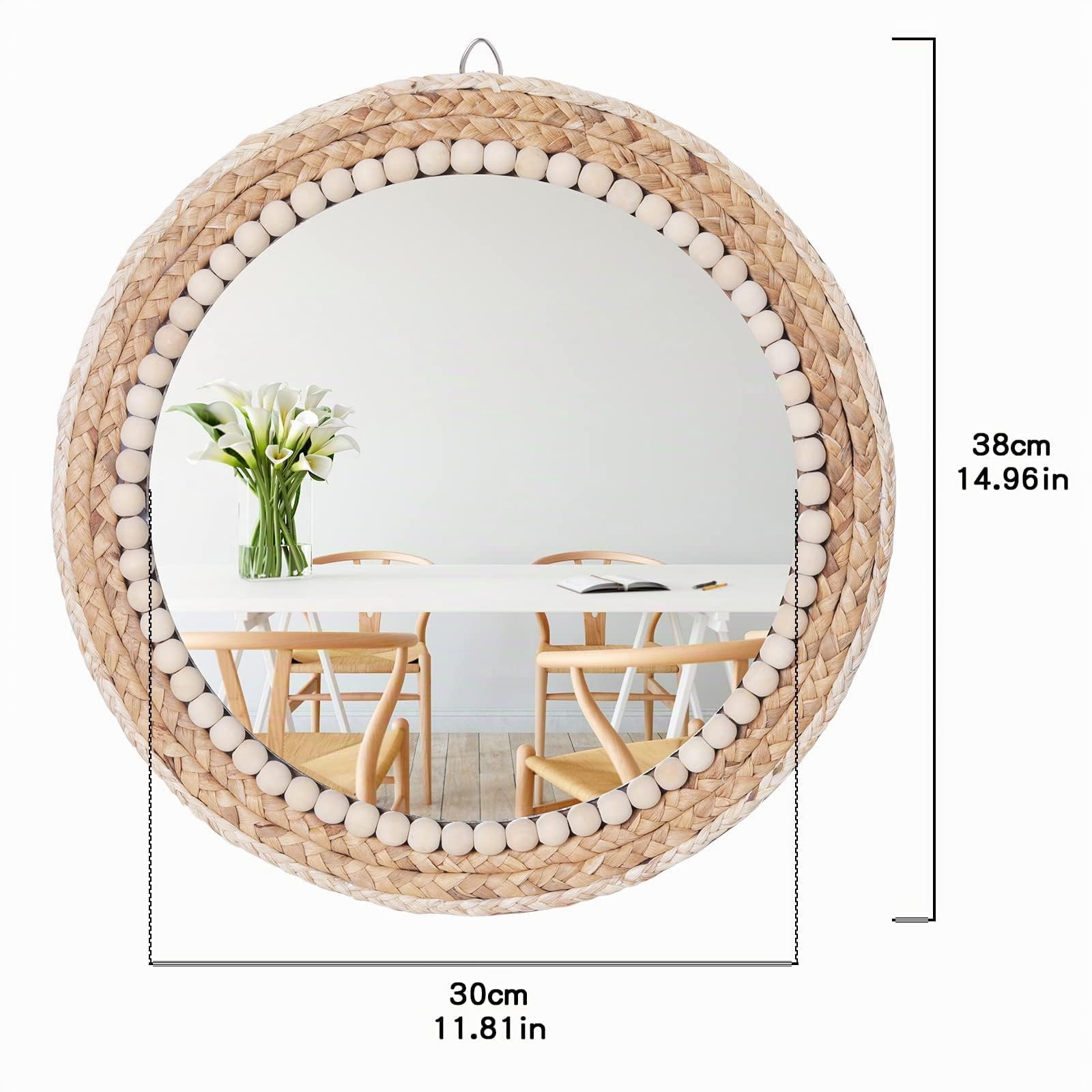 C&Z Espejo de pared redondo bohemio de 15 pulgadas para colgar en la pared, espejo decorativo circular de ratán para granja, sala de estar, dormitorio, baño