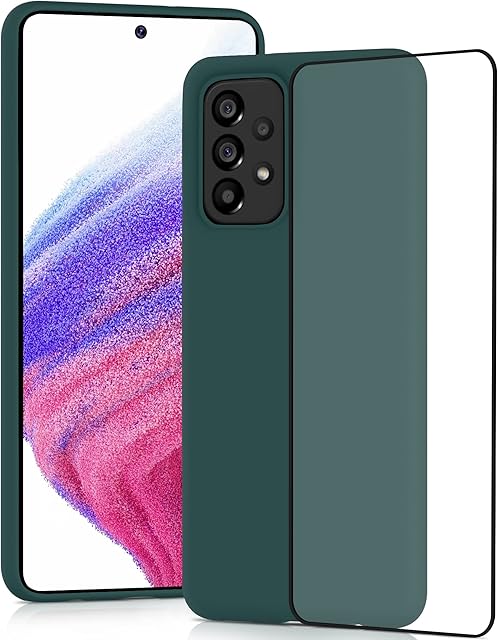 YATWIN Silicone Case for Samsung Galaxy A53 5G with Screen Protector, Soft-Touch, Shockproof, DustProof, Antiskid Full Body Armour Phone Cover for Samsung Galaxy A53 5G - Dark Green