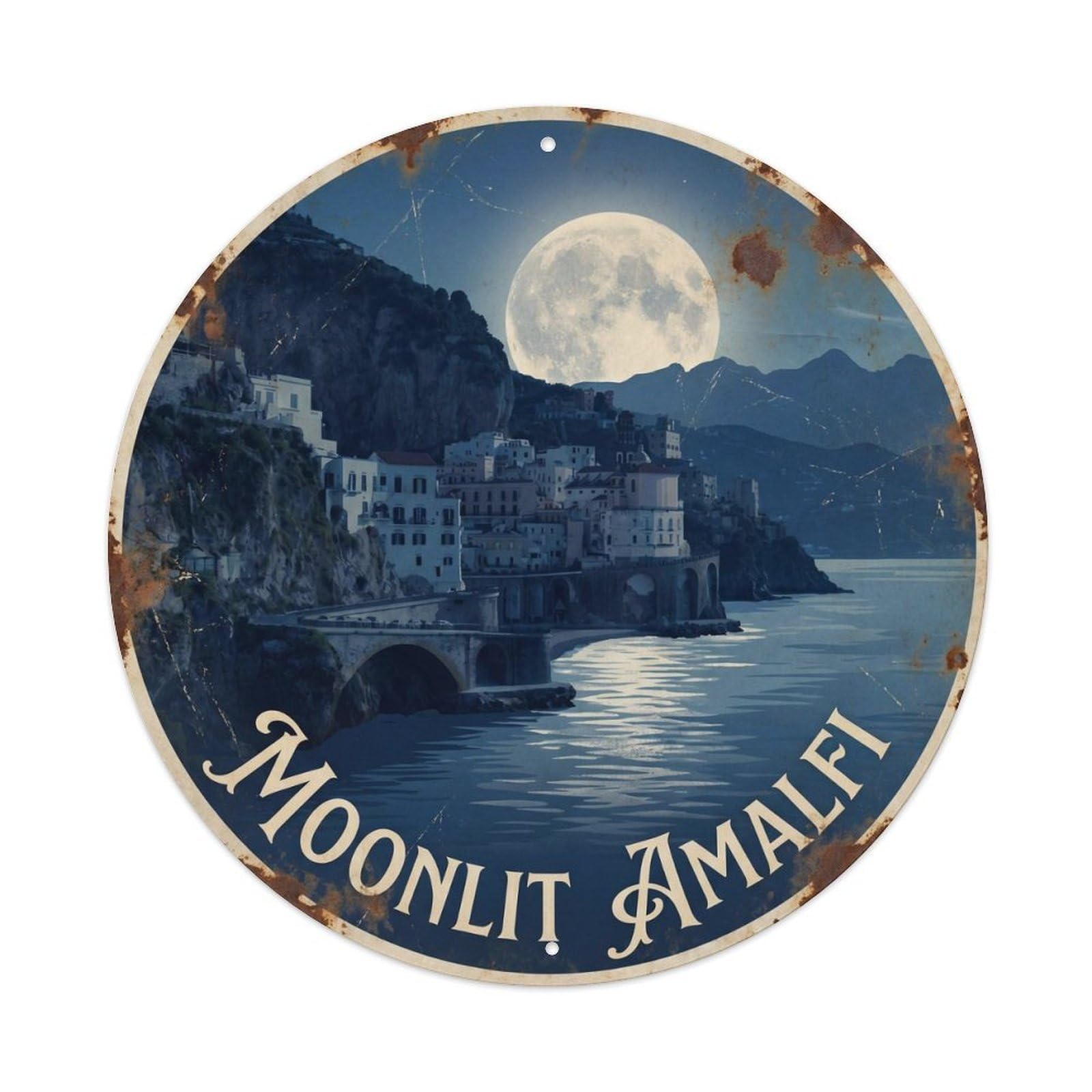 Italian Seaside Moonrise Evening Vintage Travel Heritage Metal Tin Sign Plaque Wall Decor for Cafe, Man Cave, Club Bar, Office, Home Garden Round Metal Poster 8x8Inch