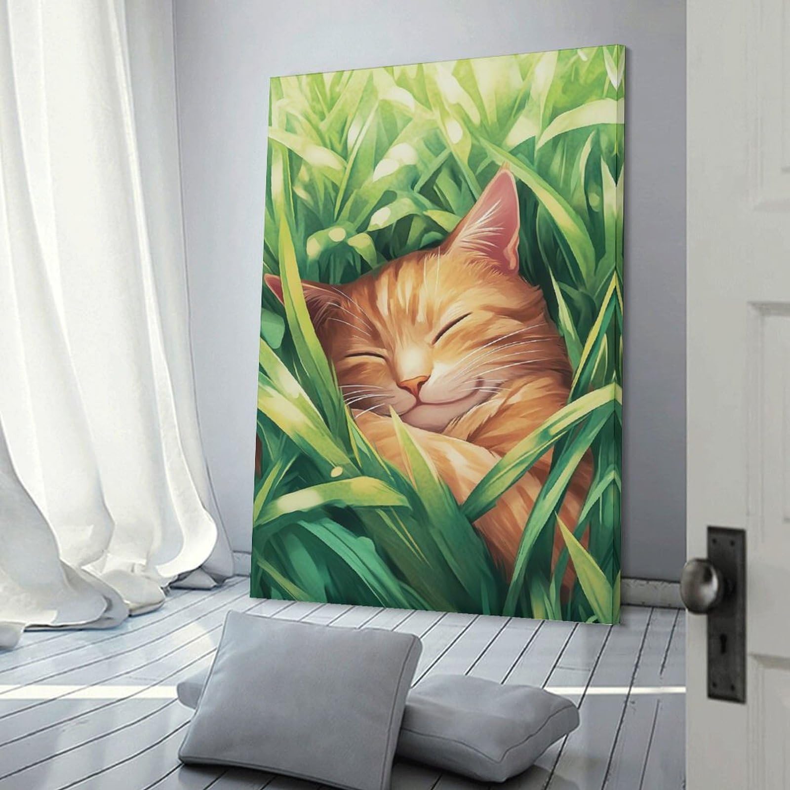 Junmoney Sleeping Cat in Grass Decorative Canvas Print, 24x36inch(60x90cm), for Home, Office, Studio Or Guest Room, Canvas Wall Art That Fits Changing Layouts