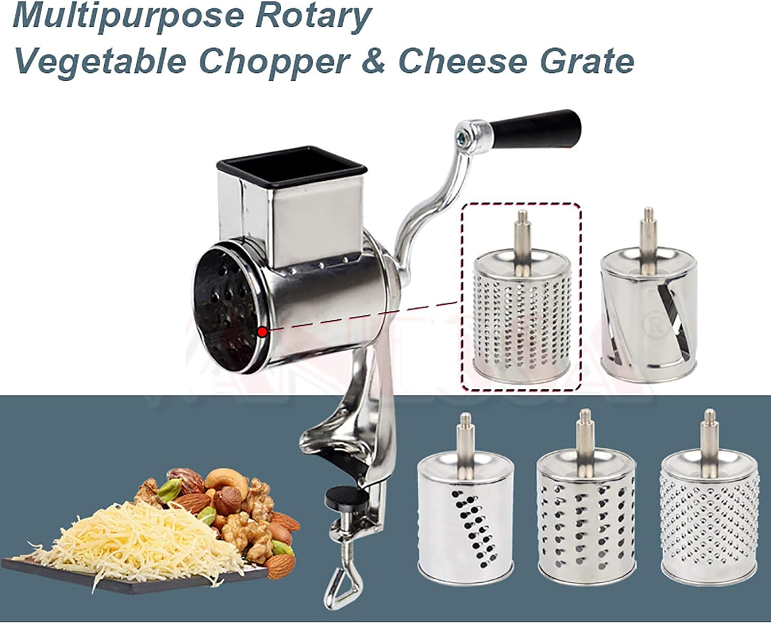 5-in-1 Rotary Cheese Grater Hand Drum Slicer Manual Cheese Shredder Multi-function Stainless Steel Vegetable Chopper Cutter with 5 Blades for Fruit Potato Cucumber Lemon Nut, Silver (Type2)