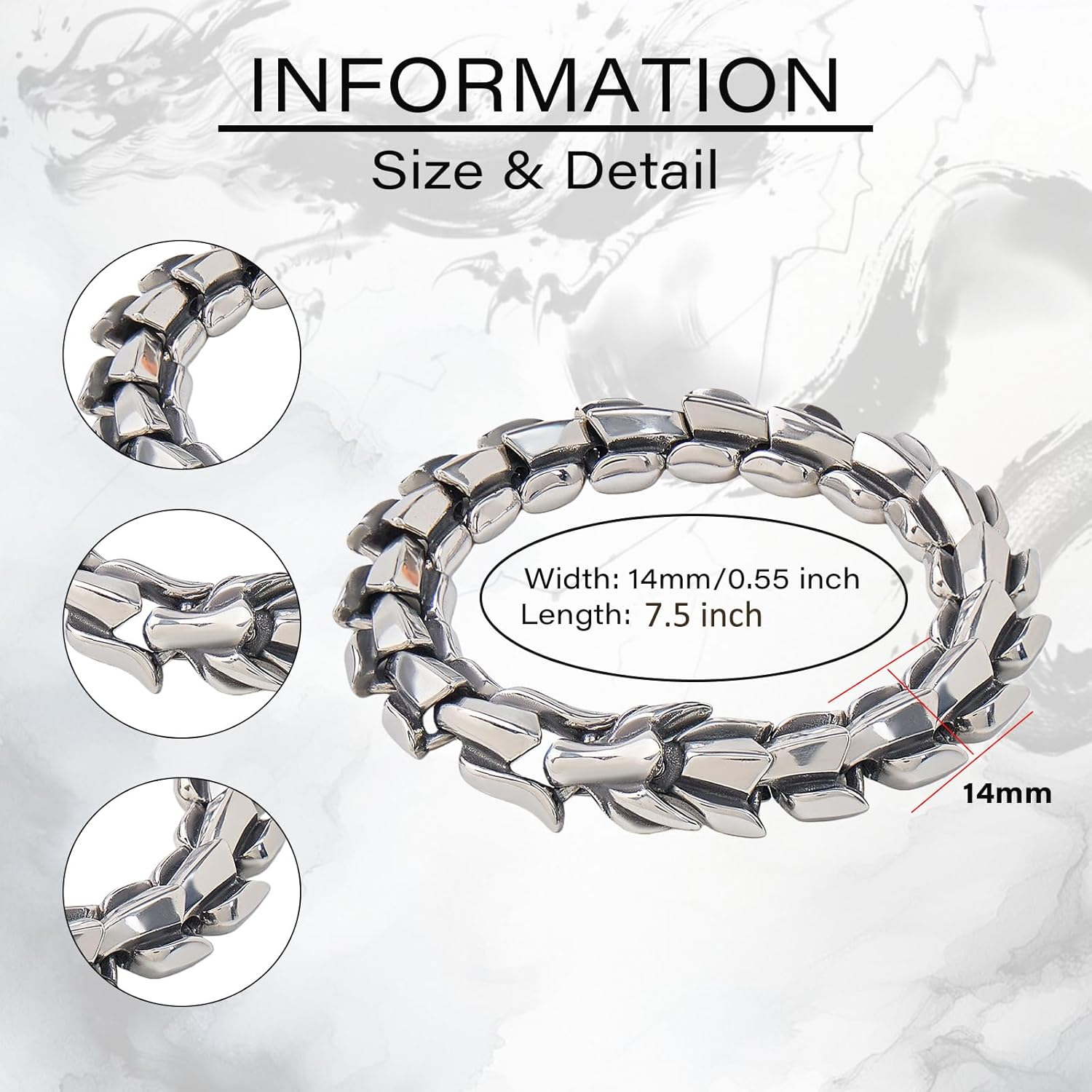Viking Dragon Bracelet for Men, 14mm Heavy Mens Link Chain Bracelets Jormungandr Bracelet Jewelry Viking Jewelry Gifts for Him Husband, 7.5 Inch