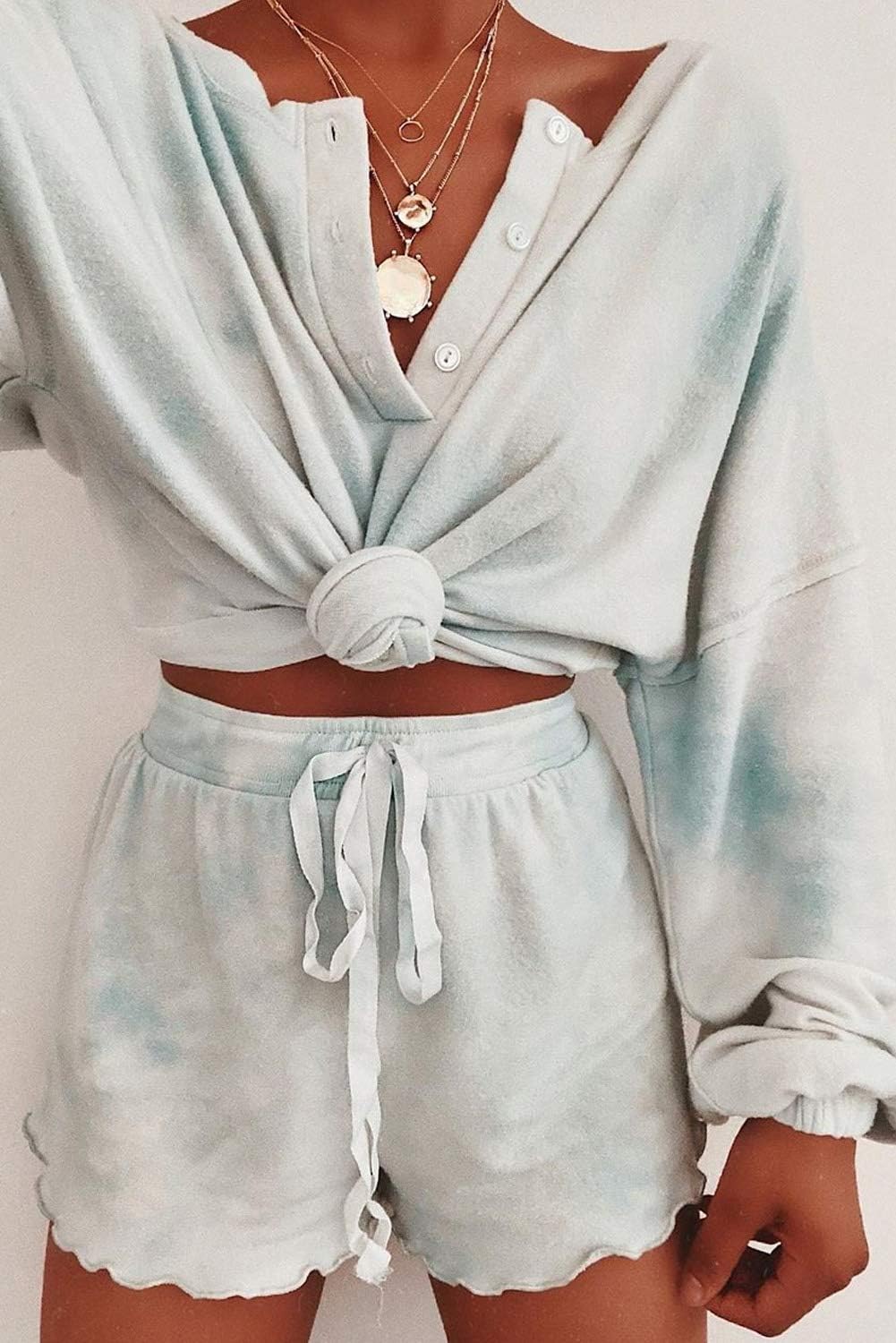 Lopie Womens Lounge Sets 2 Piece Pajamas Set Long Sleeve Tops and Shorts Sleepwear Tie Dye Printed Nightwear - Image 8