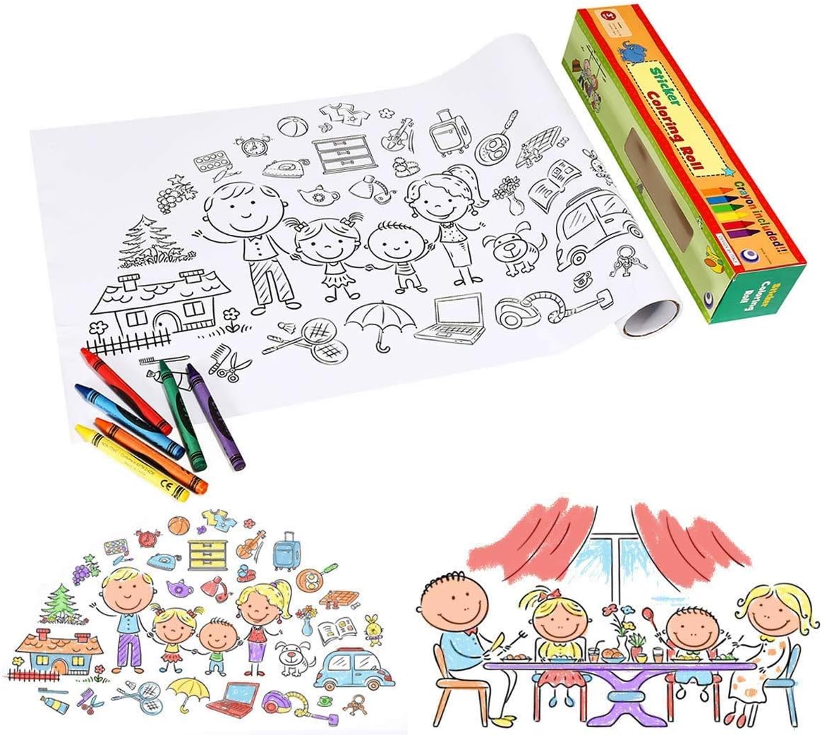 ARTISTORE Coloring Roll, 15Ft/4.75m Sticker Coloring Roll with 6pcs Crayons, Self-Stick Continuous Coloring Paper, Great for Family Kids Group Coloring Funny Wall Poster for Age 3+ (Family/Alphabet)