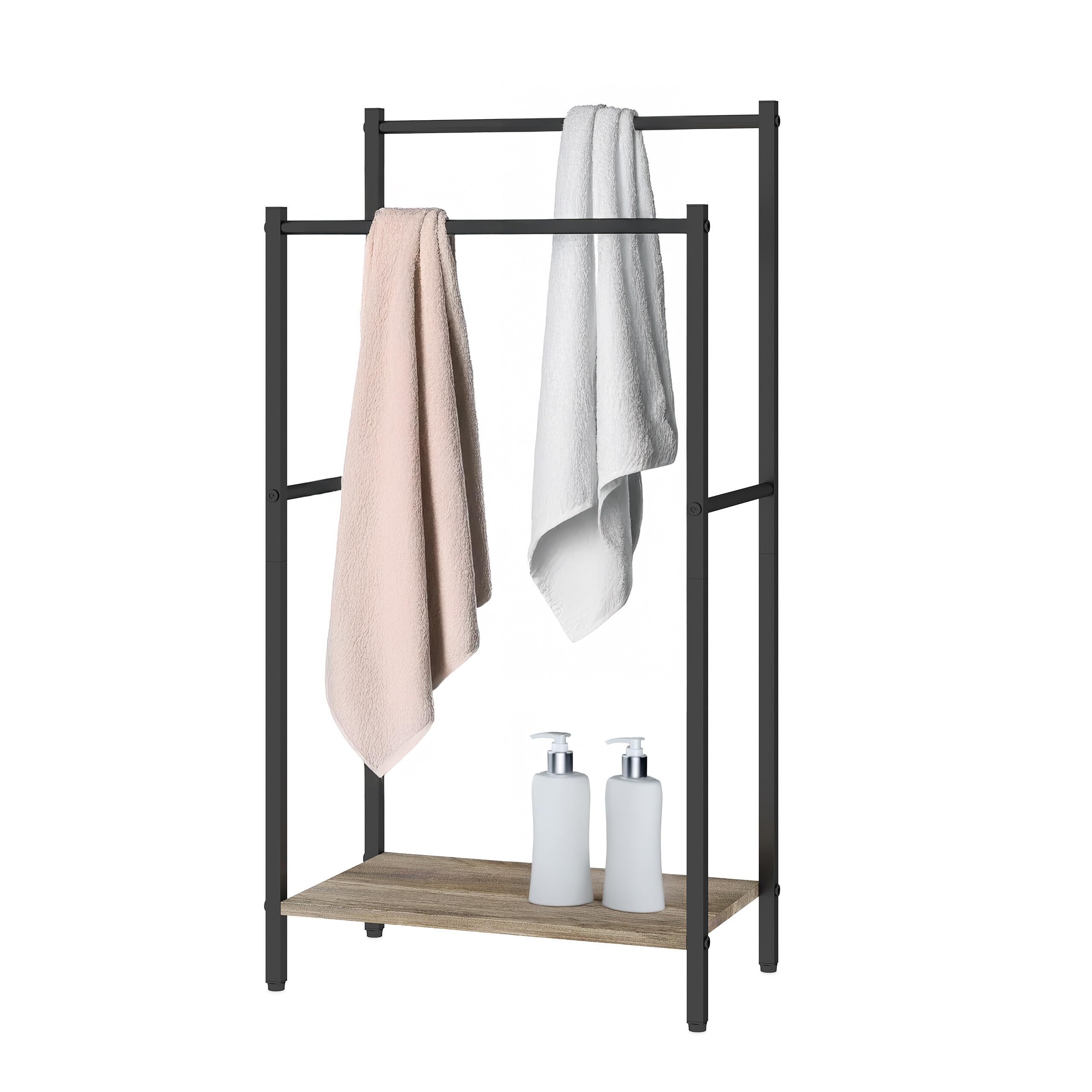 Porte-serviettes sur pied en bois Relaxdays avec tablette et 2 barres de séchage noir et naturel