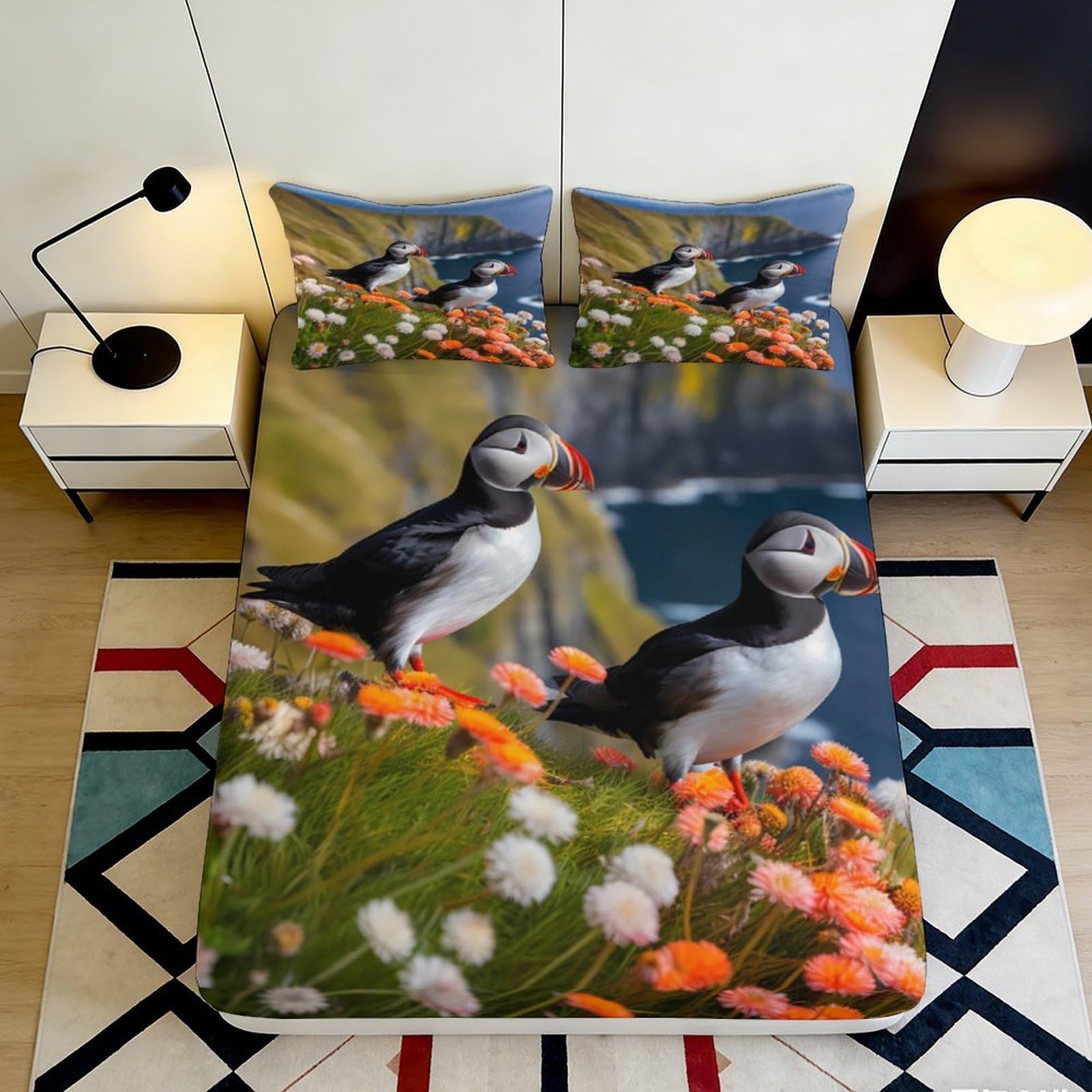 Pnayamiorkfel Style-8 3D Printed Puffin Meadow Fitted Sheet Microfiber Soft Bed Cover With Seaside Flowers Bedroom Decor Mattress Protection 90X200x25cm