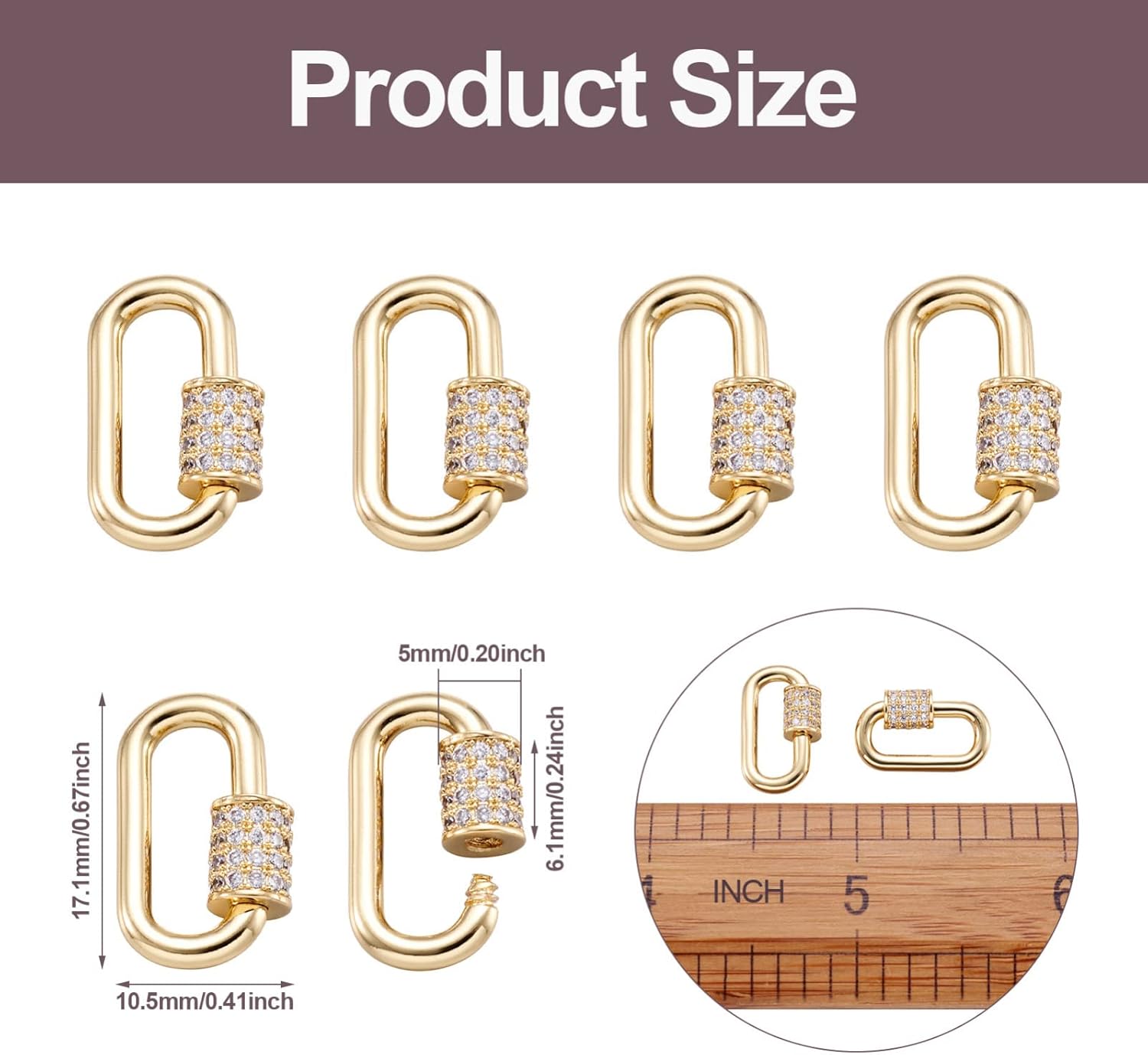 Pandahall 5Pcs Real 18K Gold Plated Brass Oval Screw Carabiner Lock Charms Clasps 17.3x10.5x2mm Micro Pave Cubic Zirconia Keychain Clip Hook for Necklaces Bracelet Jewelry Making - Image 6