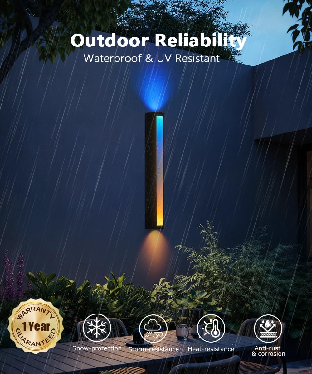 RGB Outdoor Wall Lights, 23.6” LED Long Exterior Porch Sconce Lights Wall Mount, Up and Down Patio Lighting Fixtures with Remote Control, for House, Garage, 1 Pack