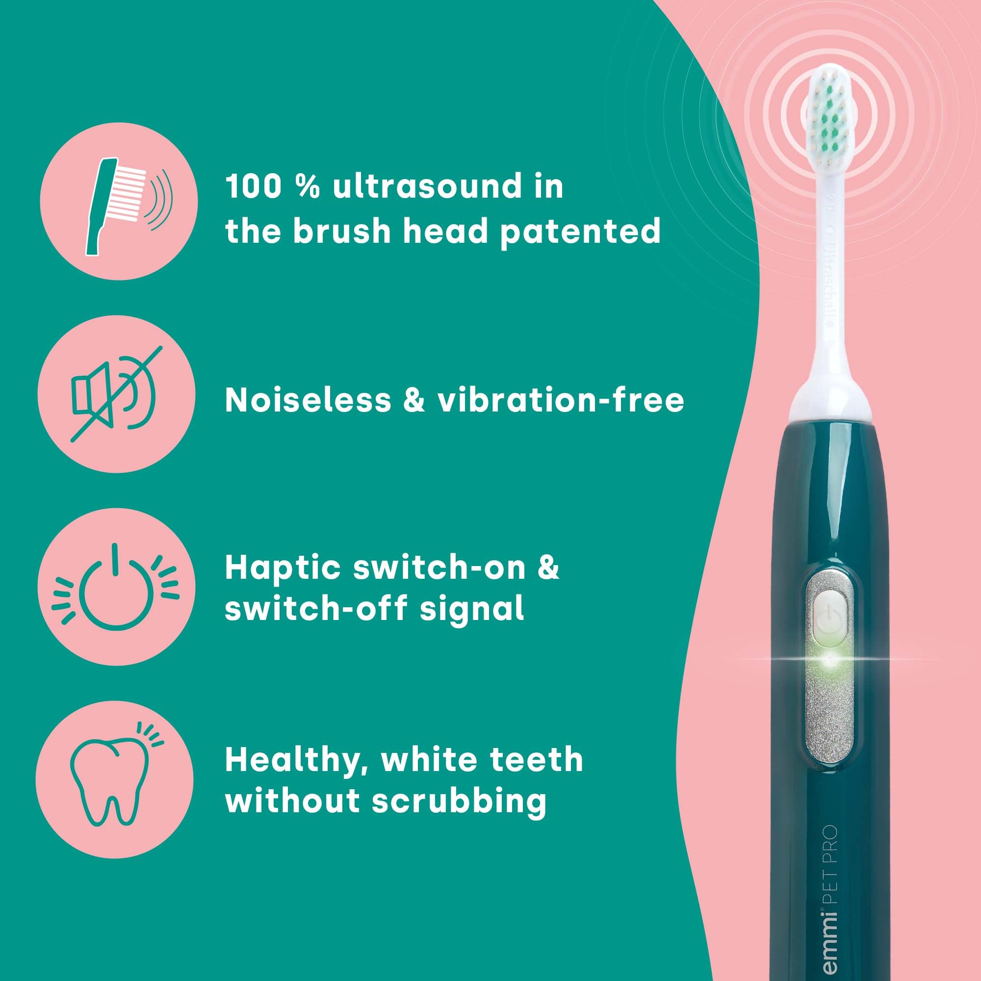 emmi-pet 2.0 Kit Base di Igiene Dentale per Cani e Gatti | Spazzolino a Ultrasuoni Silenzioso | Rimuove Placca, Biofilm e Tartaro | Riduce Gengiviti e Alito Cattivo | Con Accessori Completi