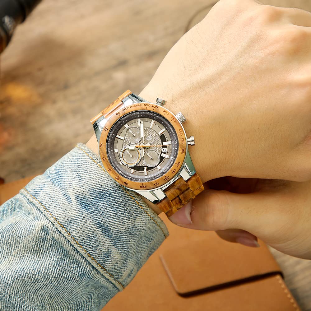 Armbanduhr aus Holz und Edelstahl für Herren, Chronograph mit 3 Zifferblättern, Quarz, Freizeit, Business, Multifunktionsuhr, aus Holz, handgefertigt