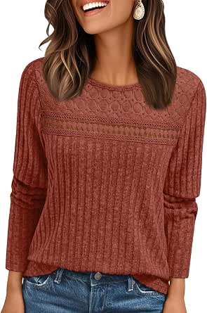 AUTOMET Women's Lace Long Sleeve Shirts Fall Tops 2026 Lightweight Sweater
