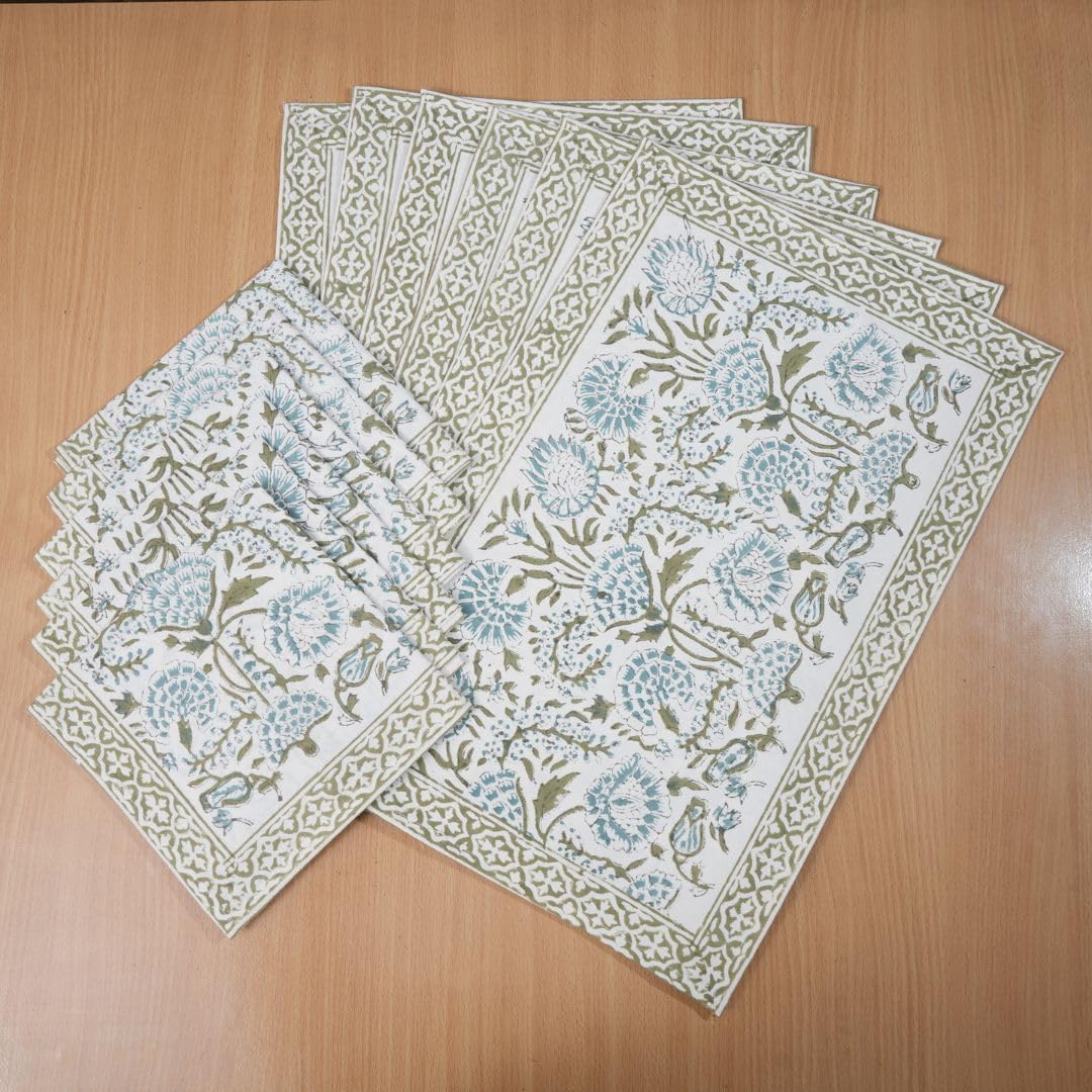 Hand Block Printed Indian Cotton Placemats with Napkins Set of 6 - Eco-Friendly Washable Table mats for Dining Room Decor (Light Green)