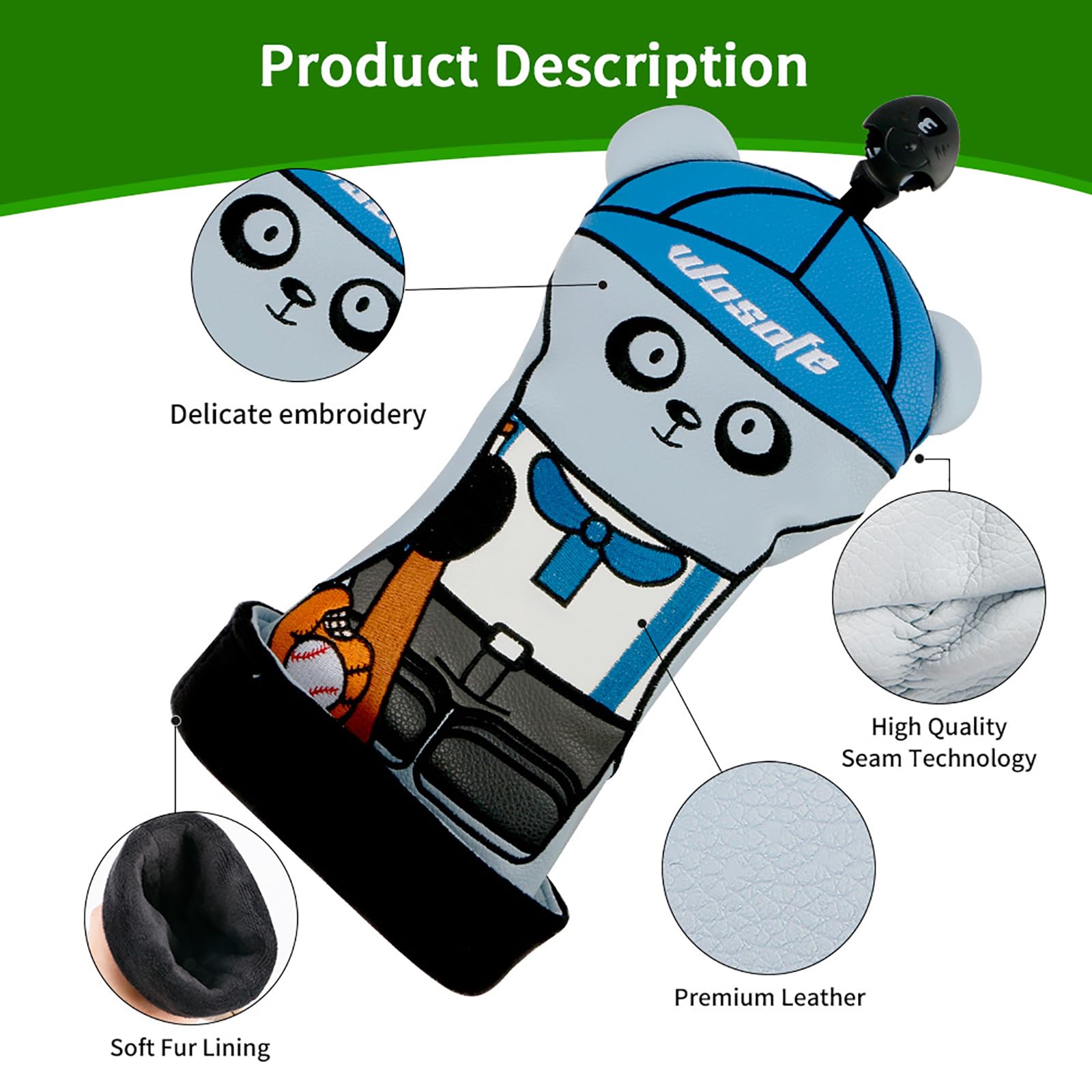 Generic 4 Uds. De Fundas para Palos de Golf, Coloridas Fundas para Cabeza con Bordado de Panda, Impermeables, de Cuero PU, Protector para Cabeza de Palo, Funda para Cabeza de Madera,Blue