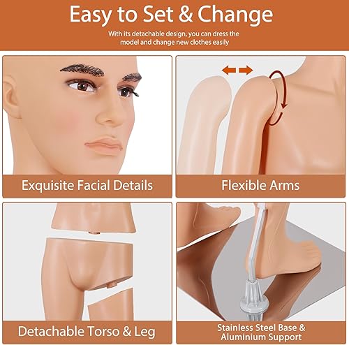 Miniatura 5 de Maniquí masculino de cuerpo completo con cabeza ajustable, extremidades flexibles, diseño desmontable de 72 pulgadas, forma de vestido con base de