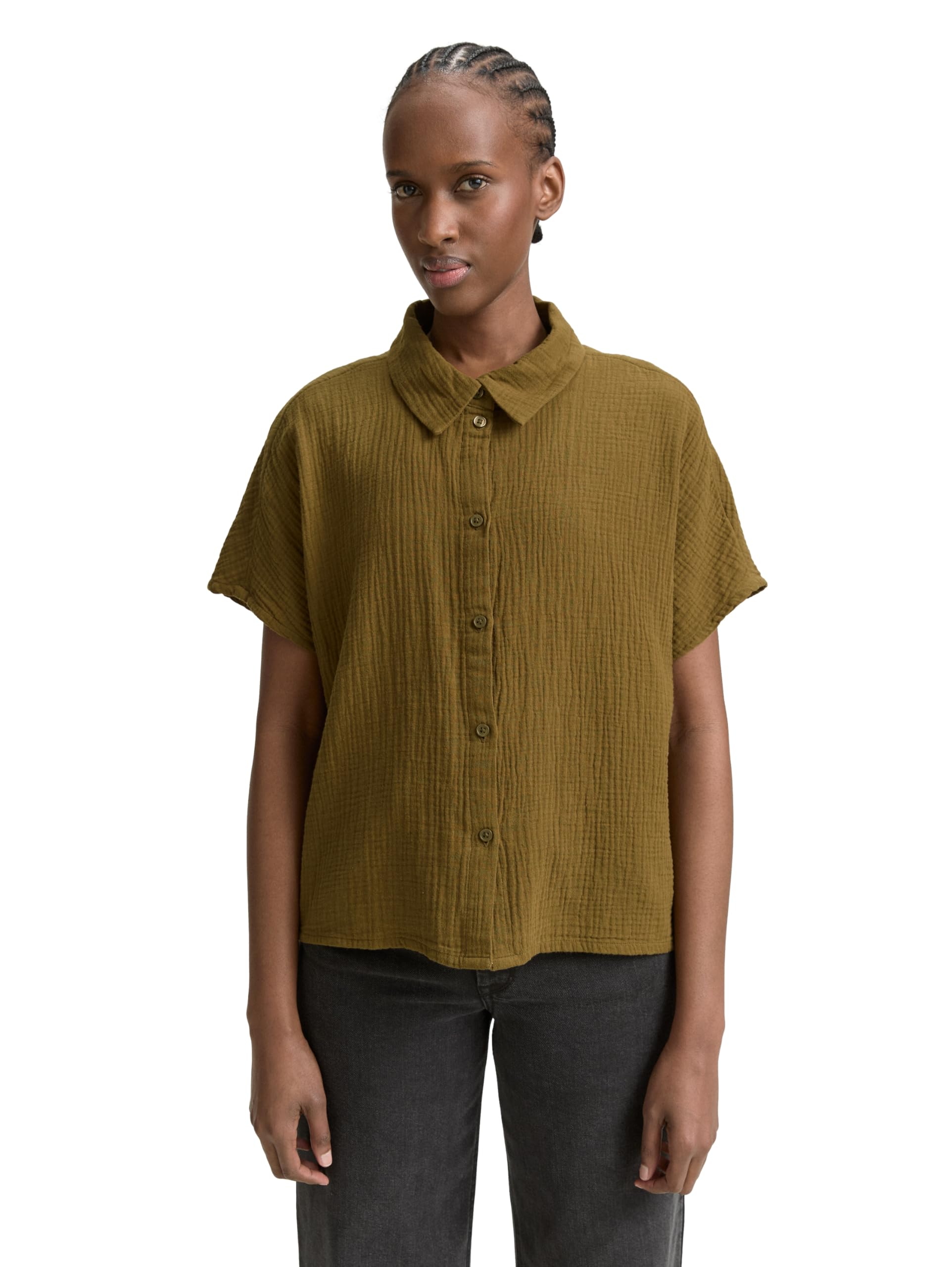 TOM TAILOR Denim Women's Boxy Fit Muslin Blouse, 10370 - Golden Olive Green, S