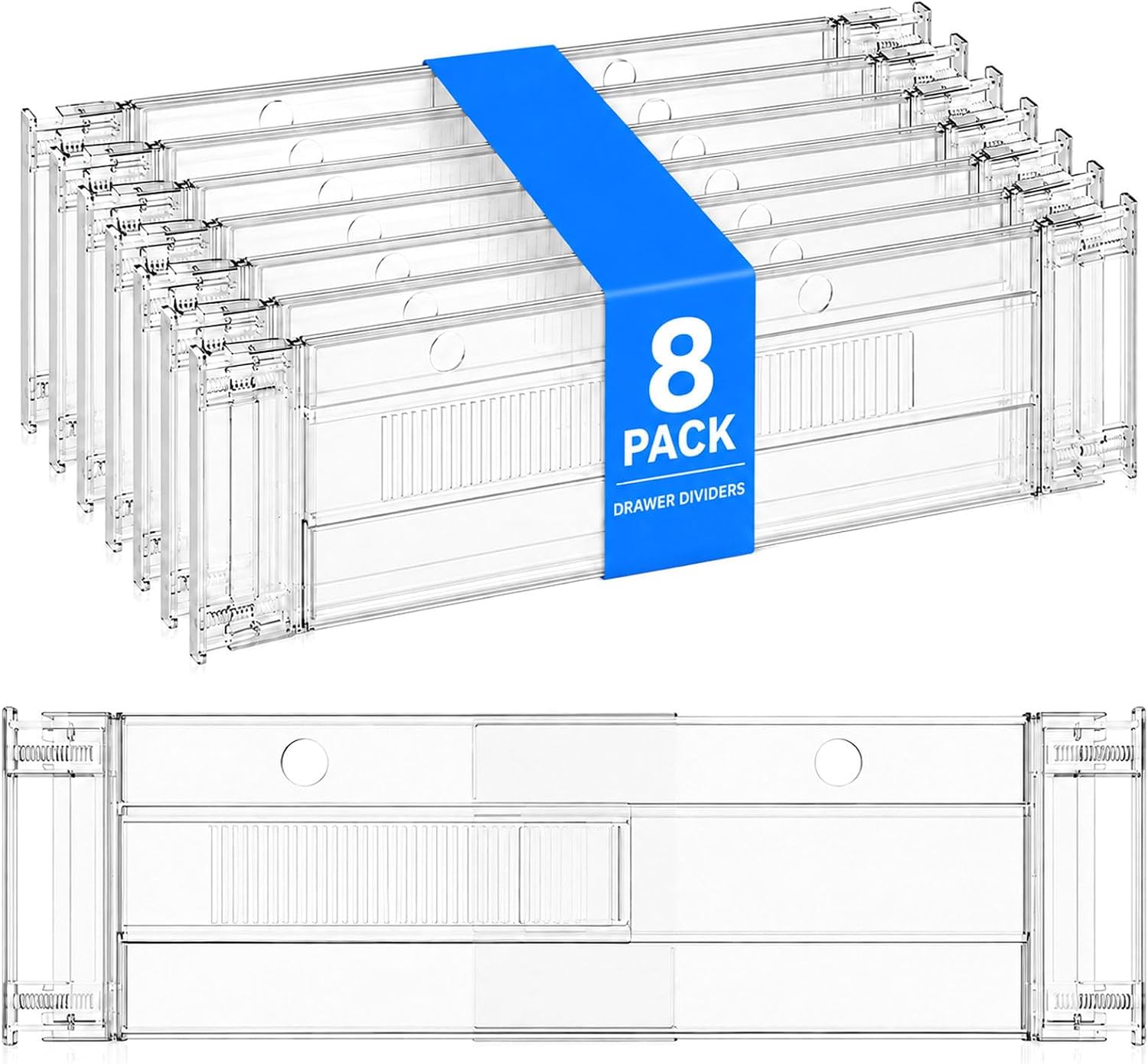 8 Pack Adjustable Drawer Dividers 6" High - Clear Kitchen Pantry Organizers