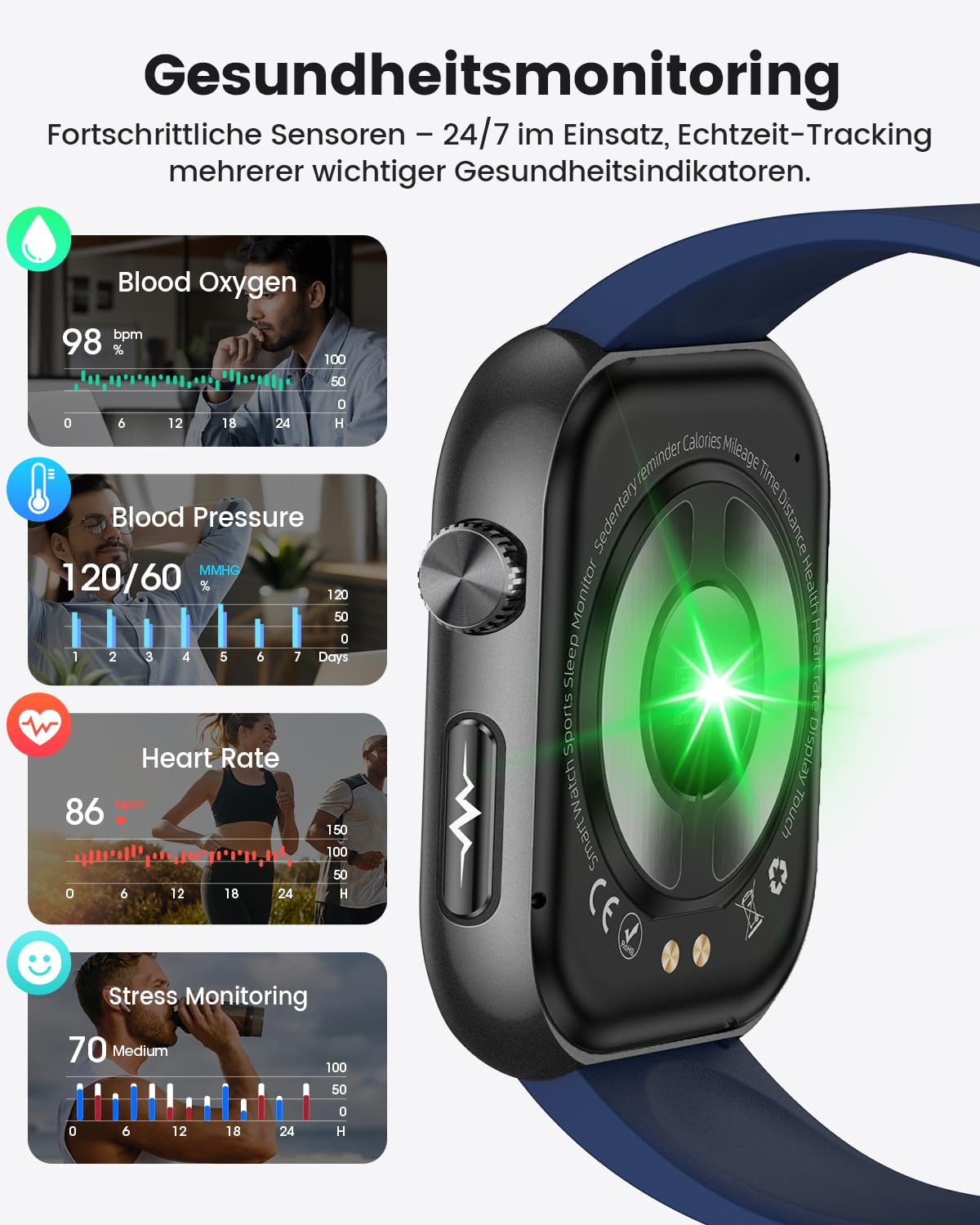 2026 Neue Smartwatch Herren mit EKG/HRV/Blutdruck/Mikro-Gesundheitscheck, 1,97" AMOLED Gesundheitsuhr mit 24H Herzfrequenz SpO2 Schlafmonitor, BMI, 140+ Sportmodi, Körpertemperatur für iOS Android