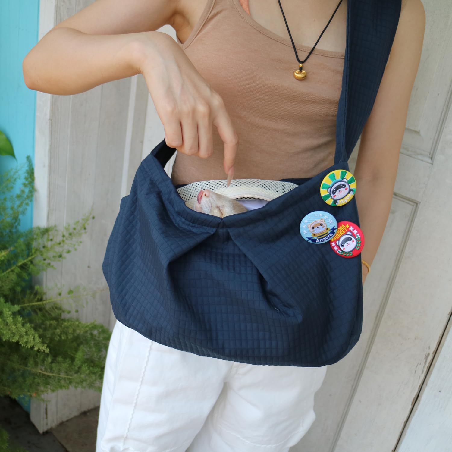 Ferret Sling Carrier - Pet Carrying Bag with Adjustable Strap Hands Free Shoulder Bag Crossbody Travel Slings Soft Small Animal Bonding Pouch Front Backpack for Ferret Rabbit Puppy Kitten (Dark Blue)