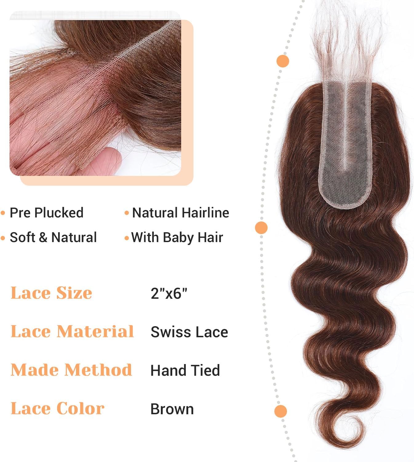 2x6 閉鎖 人毛 20 インチ HD 透明レース 2x6 ボディウェーブ留め 中部 ブラジル 4# ブラウン人毛 クロージャー ベ