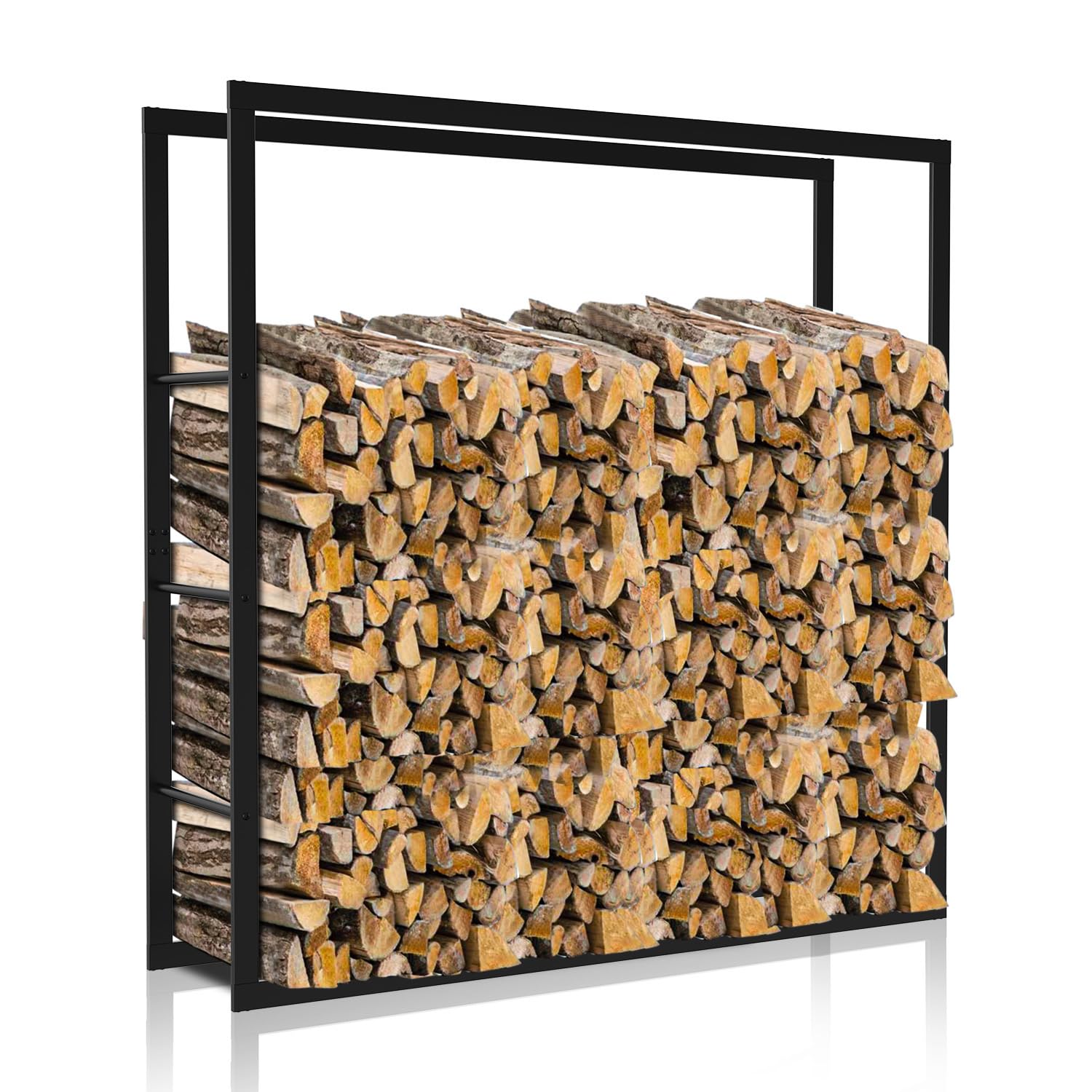 Ikodm Estantería de madera para chimenea - Metal - 100 x 25 x 150 cm - Almacenamiento de leña - Cobertizo exterior - Negro