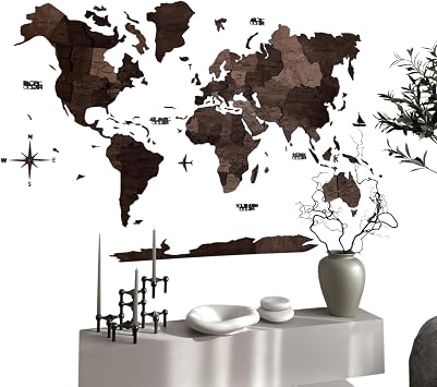 3D Wood Map Wall Art - Wooden World Map, Housewarming Gift - Wood Wall Art World Travel Map - Gift for First Home, Wood Wall Decor, Anniversary Gifts Map, Dark Walnut, XL