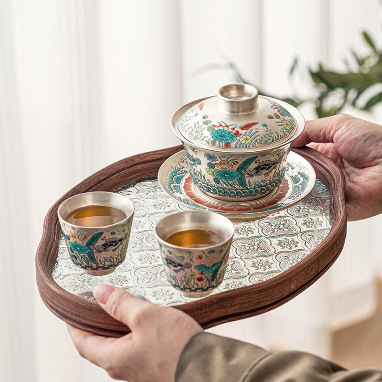 Ręcznie malowany ceramiczny zestaw do herbaty Kung Fu pokryty misą domowy zapobiegający prasowaniu jest luksusowy i odporny na działanie wysokich temperatur - tylko trzy miski + filiżanki * 2 talerze