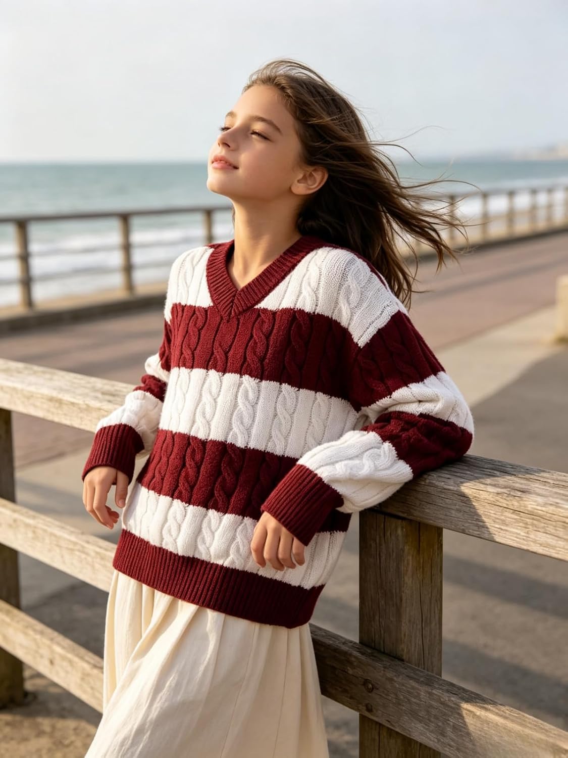 Girls Vintage Striped Sweaters Long Sleeve V Neck Knit Pullover Tops