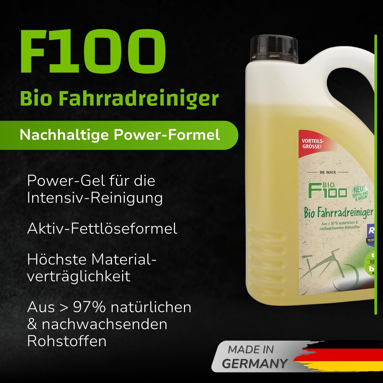 DR. WACK - F100 Bio Fahrradreiniger 2 Liter - Reinigungsmittel für das gesamte Fahrrad - Bio Fahrradpflegemittel - Reinigungsspray biologisch abbaubar & materialschonend - Hochwertige Fahrradpflege