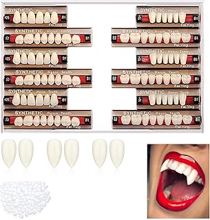 84 Pieces Halloween Teeth Dental Acrylic Resin Denture Teeth Kit including 3 Sets Upper and Lower Resin Teeth B1 and 3 Pairs Halloween Vampire Teeth for Halloween Horror Prop