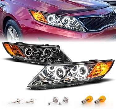 AmeriLite for 2011-2015 Kia Optima Halogen Model Xtreme LED Halos Gun-Metal Replacement Projector Headlights Set - Driver and Passenger Side