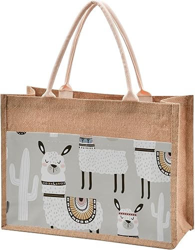 Cactus Llama - Bolsa de yute de color blanco con asa, bolsa de yute con bolsillo frontal de lona, bolsas de yute para mujer