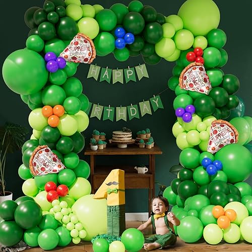 Miniatura 3 de Grcypa Kit de arco de guirnalda de globos de tortuga verde, globos de látex verde jungla con globo de Mylar de papel de aluminio de pizza para