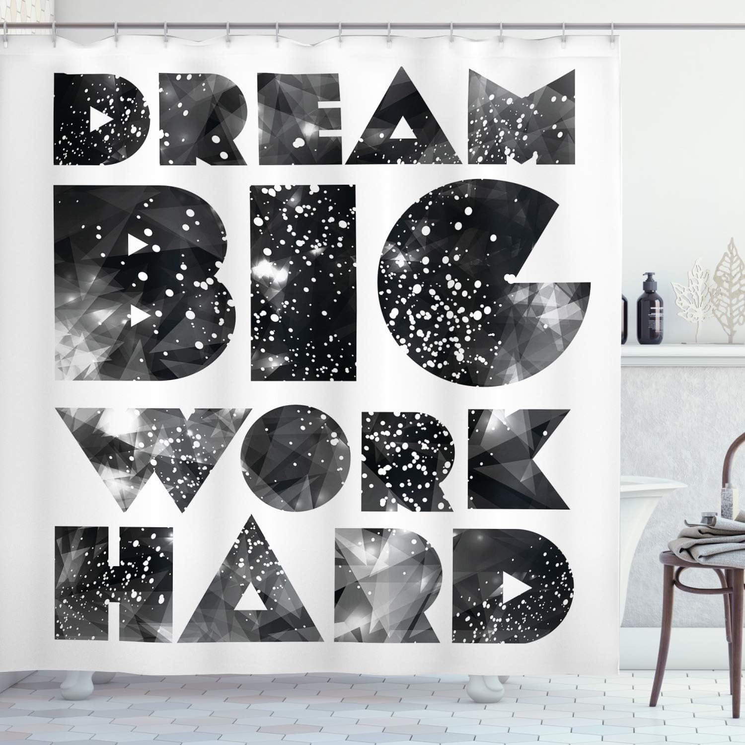 Ambesonne Indie Shower Curtain, Dream Big Work Hard Typography Design with Galaxy Outer Space Modern Words, Cloth Fabric Bathroom Decor Set with Hooks, 69" W x 84" L, Grey White