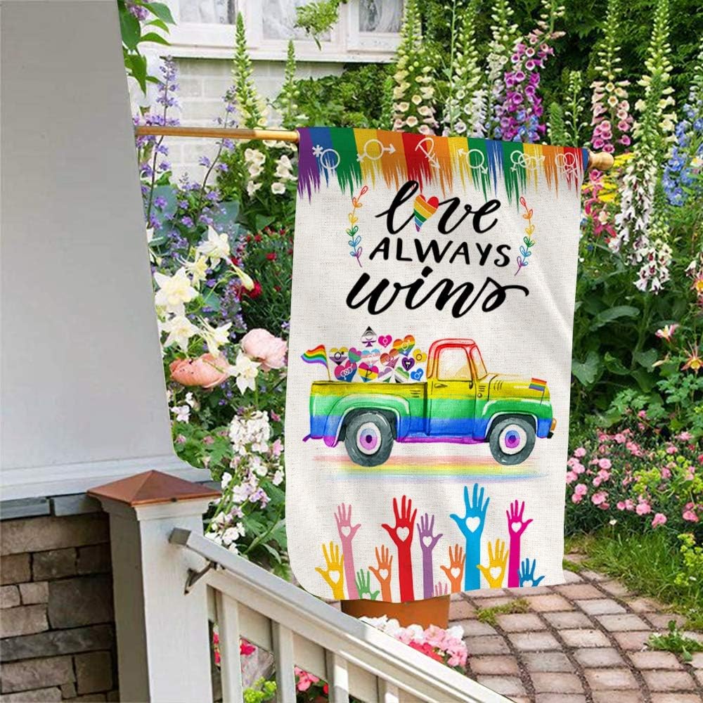 Bonsai Tree Pride Flags 28x40 Double Sided, Gay Rainbow Burlap Garden Flag, Love Always Wins Lgbt Symbols on Truck Large House Flags Outdoor Signs Banners Decorations for Home