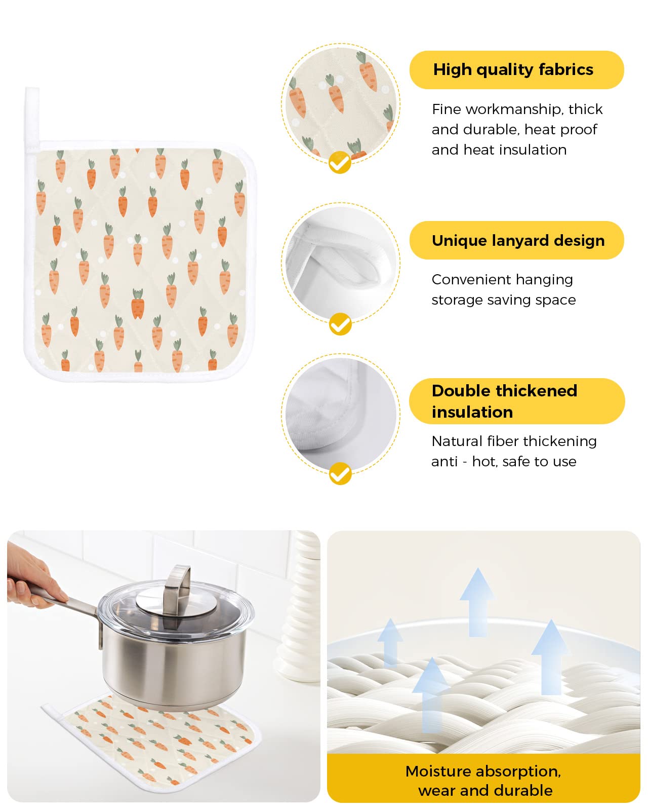 3 PCS Pot Holders with Hanging Loops, Easter Spring Carrot Tea Painting Heatresistant Potholders Coasters Mat for Kitchen Cooking Baking BBQ Beige Dots Filling