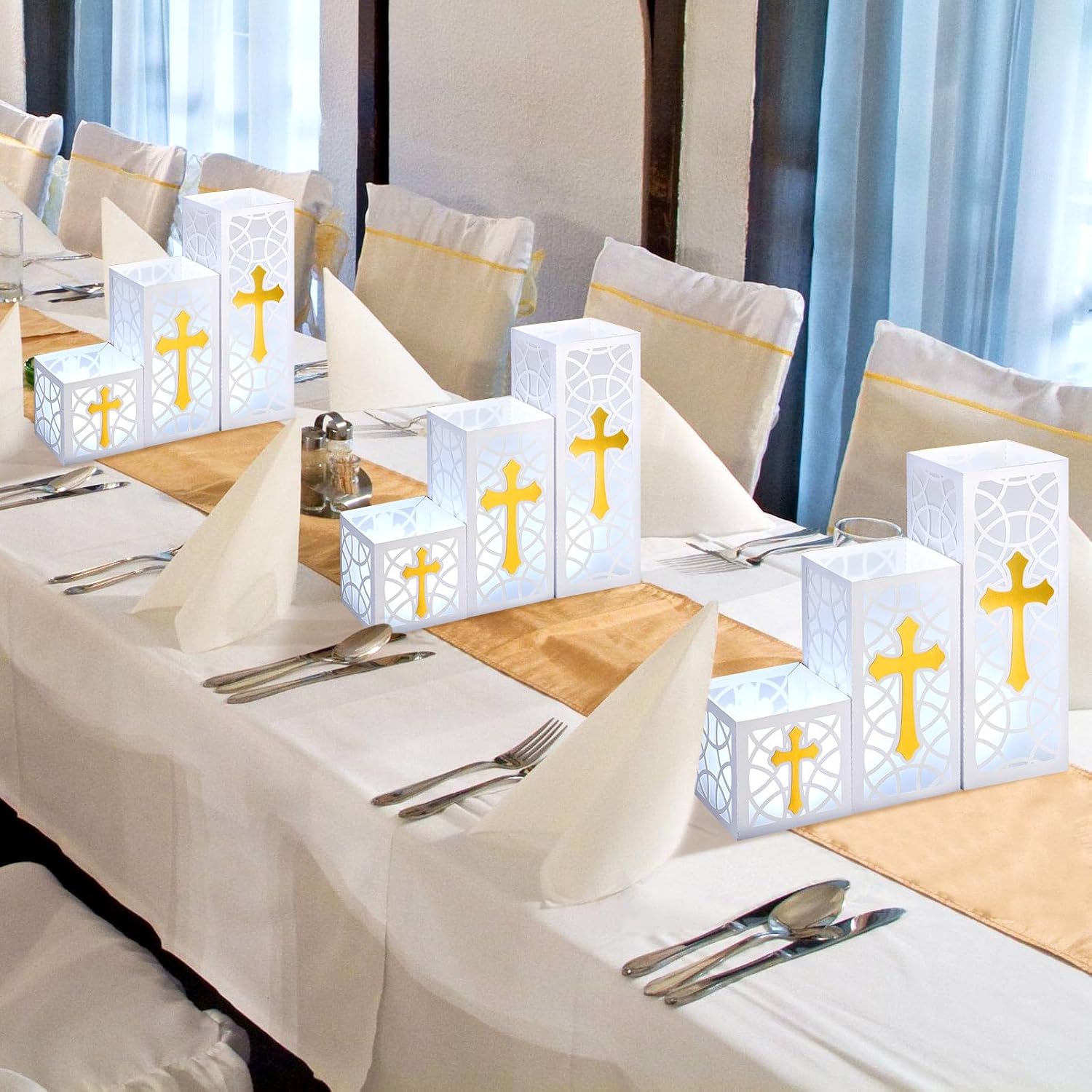 VIHOSE 12 Set 24 Pcs Baptism Cross Table Centerpieces 3 Size Baptism Cross Paper Lantern Boxes with LED Candle First Communion Table Decorations for Easter God Bless Wedding Party Favors Decor